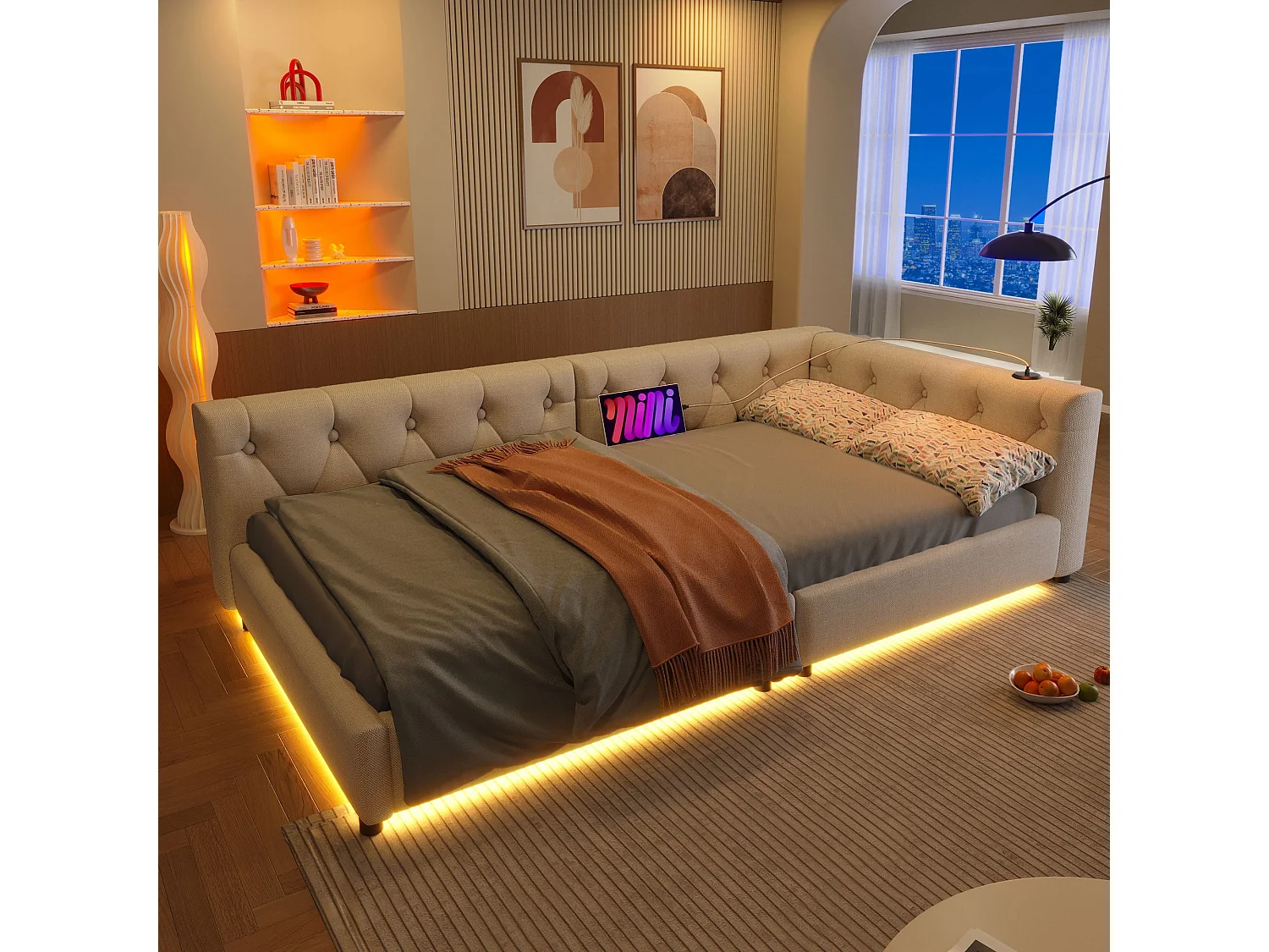 Łóżko dzienne 90 x 200 cm - łóżko pojedyncze z oświetleniem LED i interfejsami USB i Type-C - beżowy len - materac nie jest wliczony w cenę 4813567 - obrazek 1