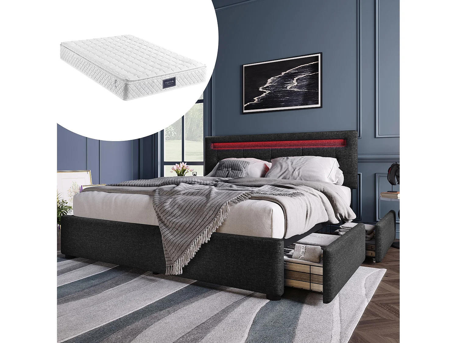 Łóżko dla dorosłych 140x200 cm - Łóżko małżeńskie z 2 szufladami i oświetleniem LED - pościel czarna - materac w komplecie 4813569 - obrazek 1