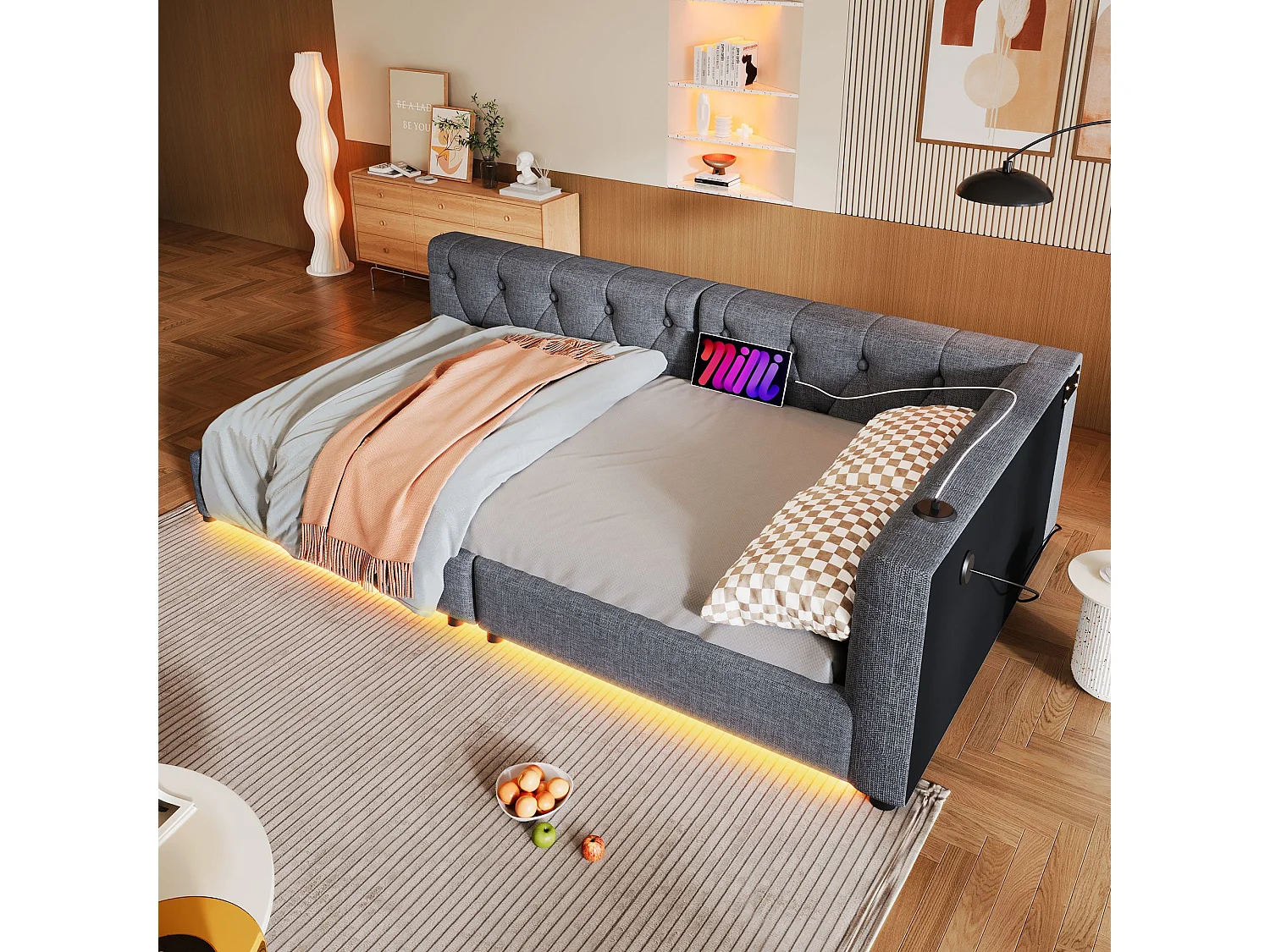 Łóżko dzienne 90 x 200 cm - łóżko pojedyncze z oświetleniem LED i interfejsami USB i typu C - szary len - materac nie jest wliczony w cenę 4813571 - obrazek 1