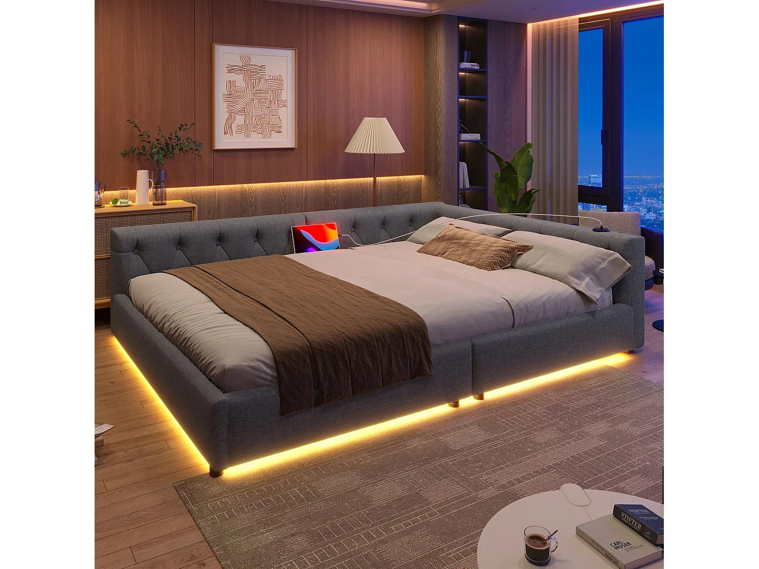 Łóżko dzienne 140 x 200 cm - łóżko dwuosobowe z oświetleniem LED i interfejsami USB i Type-C - len w kolorze szarym - materac nie jest wliczony w cenę 4813575 - obrazek 1