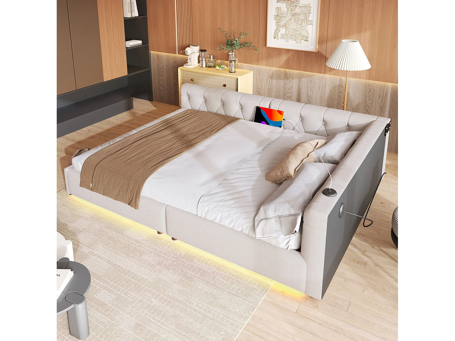 Łóżko dzienne 140 x 200 cm - łóżko dwuosobowe z oświetleniem LED i interfejsami USB i Type-C - beżowa pościel - materac nie jest wliczony w cenę 4813577 - obrazek 1