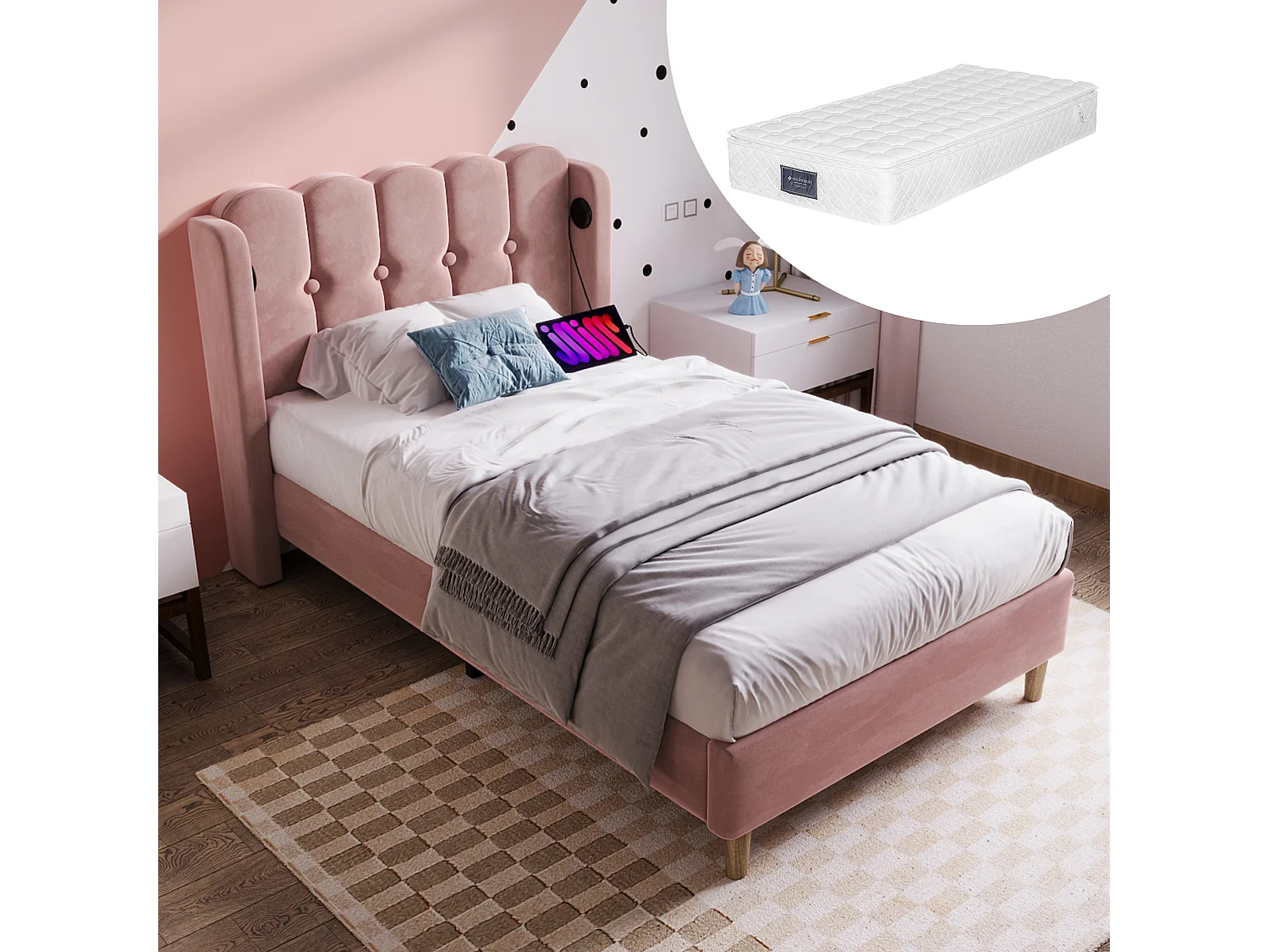 Łóżko dziecięce 90x200 cm - z portem USB i portem USB typu C - aksamitne - różowe - materac w cenie 4813576 - obrazek 1