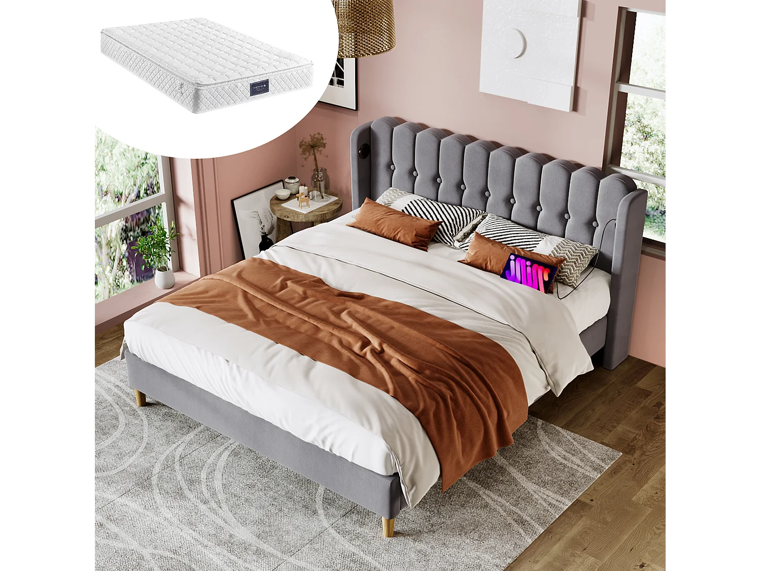 Łóżko dla dorosłych 140x200 cm - z zagłówkiem, portem USB i portem USB typu C, stelażem - len - szare - materac w cenie 4813578 - obrazek 1