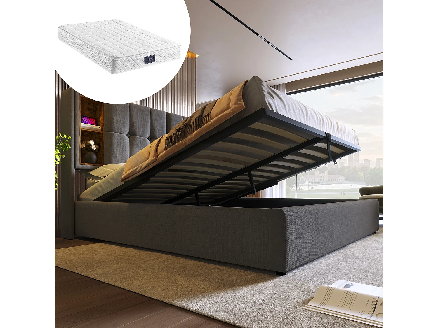 Łóżko dla dorosłych 140x200 cm - z zagłówkiem i schowkiem, USB, typ C, stelaż - szare - materac wliczony w cenę 4813659 - obrazek 1