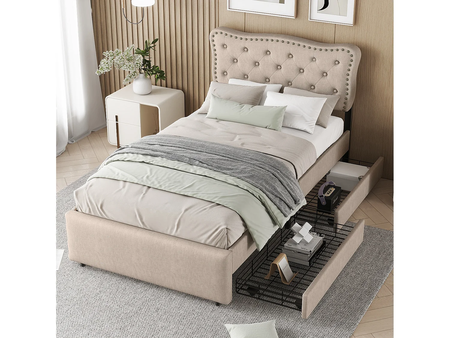 Łóżko dziecięce 90x200 cm - z 2 szufladami - ciemnobeżowe 4813669 - obrazek 1