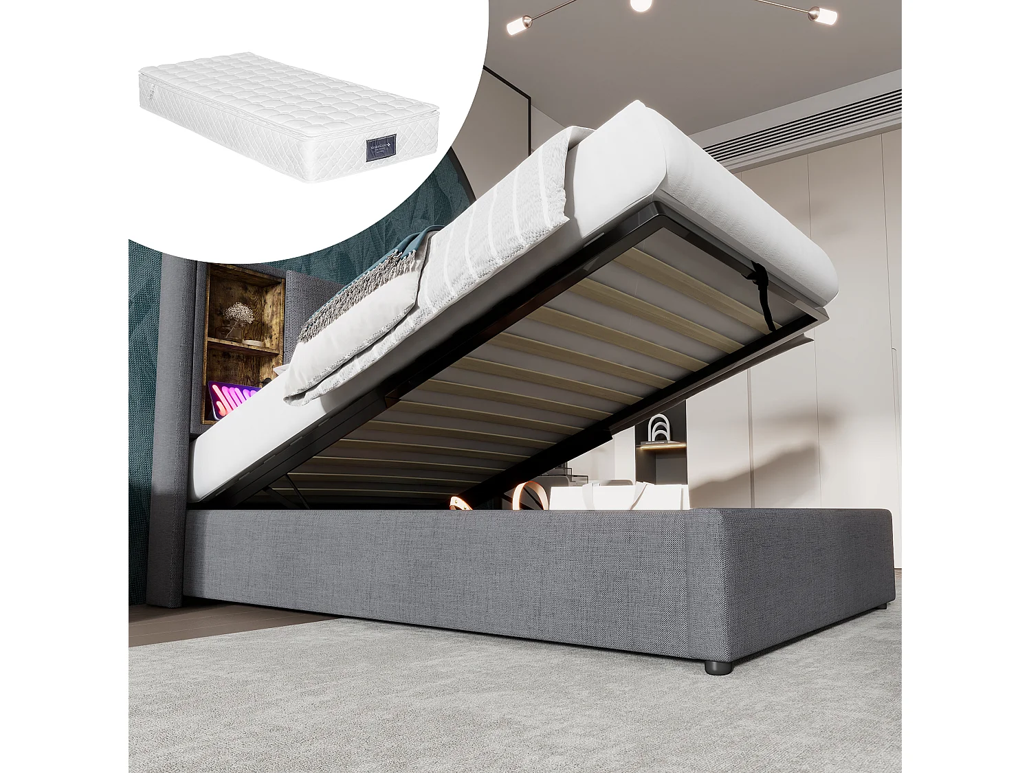 Łóżko dla dzieci 90x200 cm - z zagłówkiem i schowkiem, USB, typ C, stelaż - materiał - szare - materac wliczony w cenę 4813676 - obrazek 1