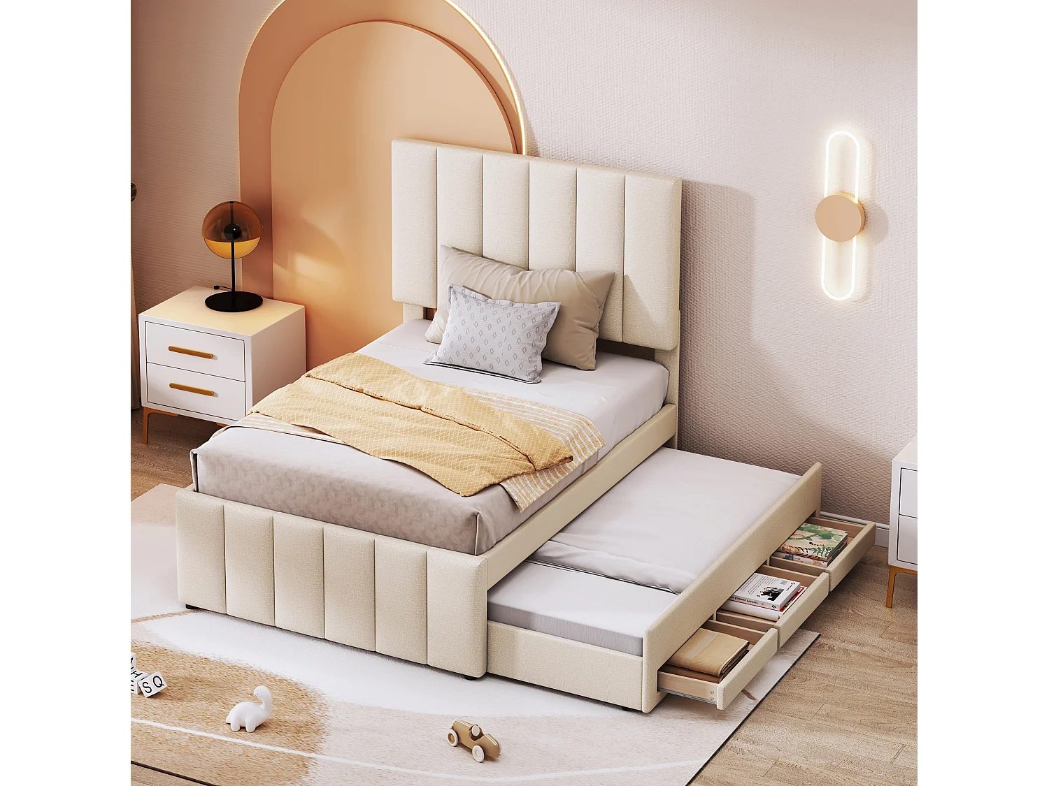 Łóżko dziecięce 90x200 cm - z zagłówkiem, szufladami, stelażem - materiał - beżowy - materac nie jest wliczony w cenę 4813693 - obrazek 1