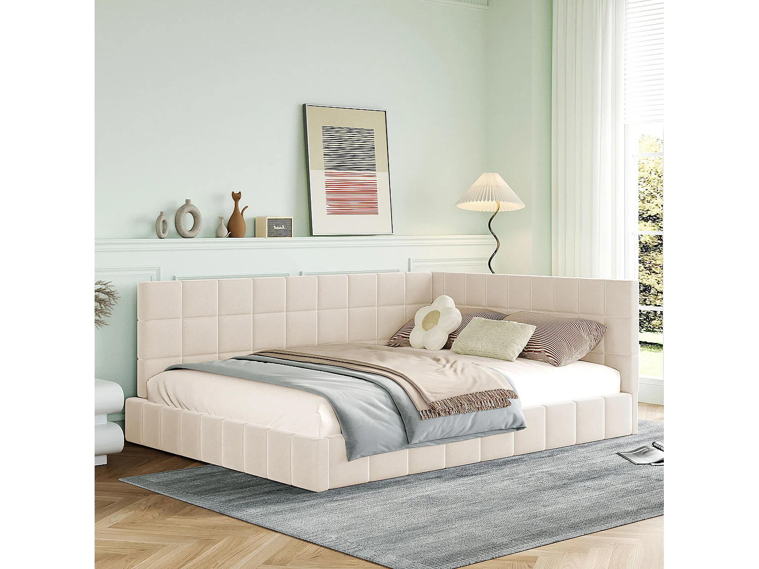 Łóżko dla dorosłych 140x200 cm - z zagłówkiem, stelażem, szufladami - beżowe, aksamitne - materac bez materaca 4813759 - obrazek 1