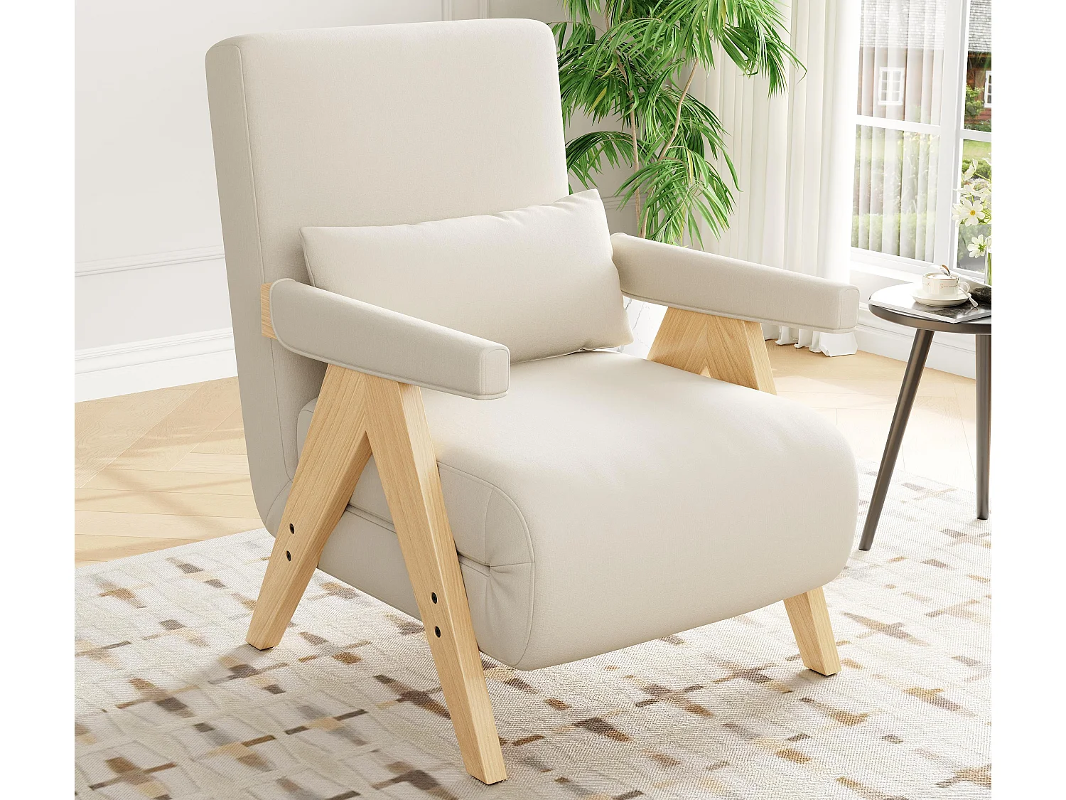 Fotel pojedynczy 64×68,5x93cm – konwertowalny 3 w 1 – tapicerowany – len – beżowy + naturalny 4031887