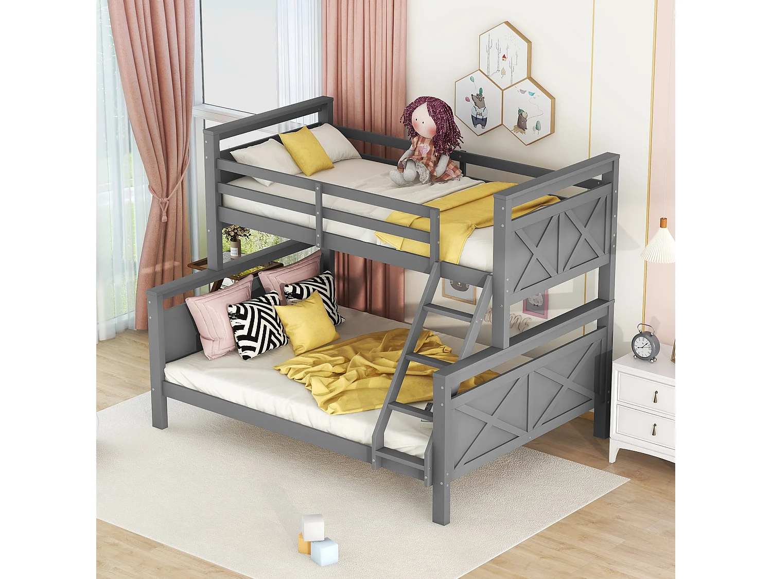 Łóżko piętrowe dla dzieci – 90 x 200 cm + 140 x 200 cm – z drabinką + barierką – drewno – kolor szary 4814479