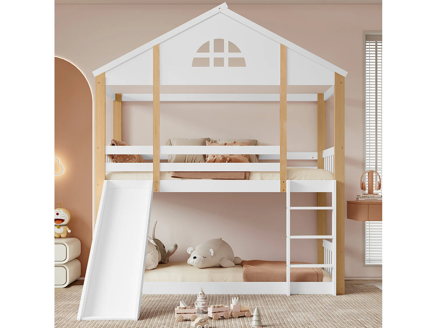 Łóżko piętrowe dla dzieci - 2 x 90 x 200 cm - z oknami + drabinka + zjeżdżalnia - drewno + MDF - białe i naturalne 4814480 - obrazek 1