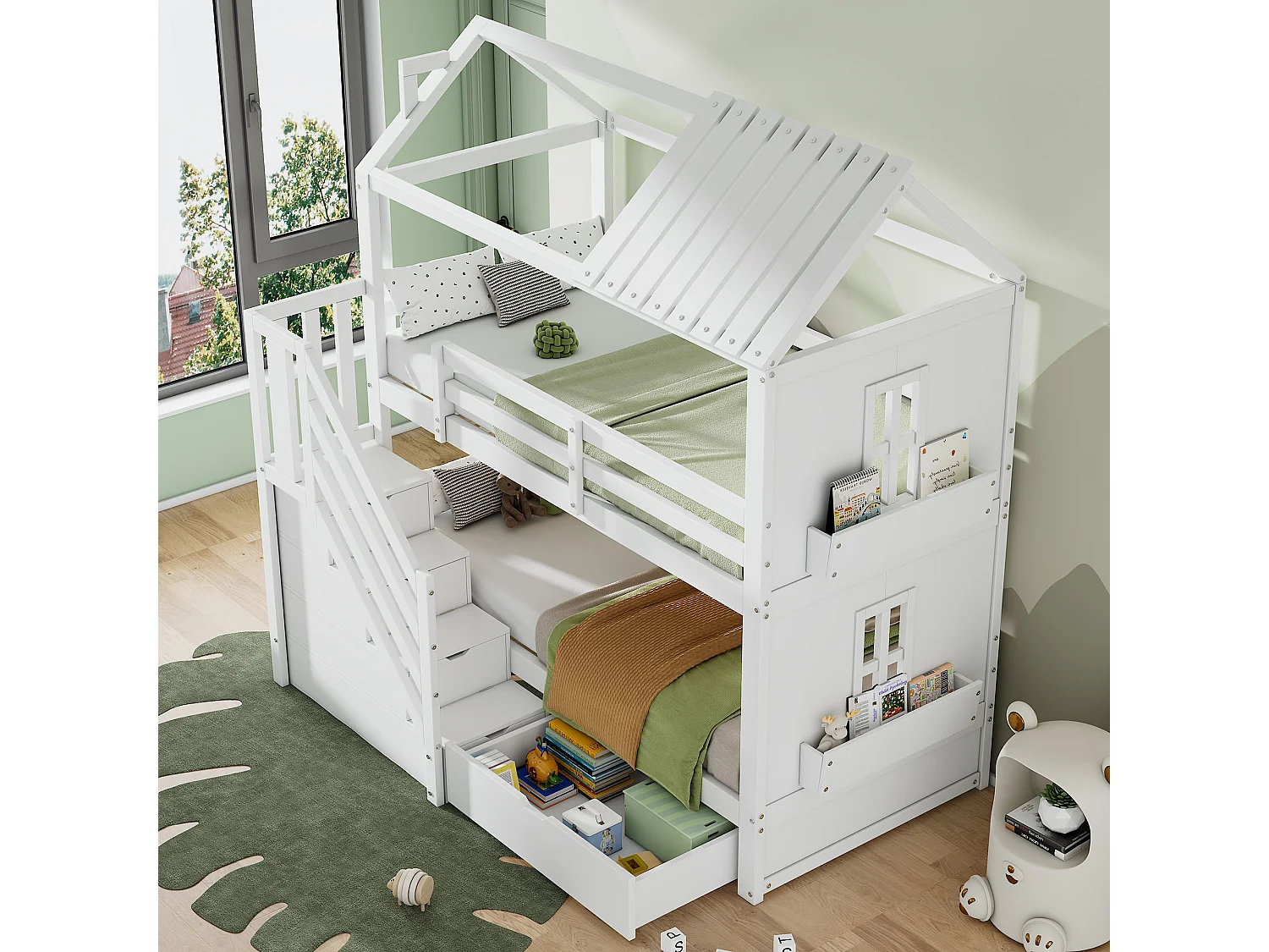 Łóżko piętrowe dla dzieci - 2 x 90 x 200 cm - z drabinką + szufladą i półkami - sosna i MDF - białe 4814481 - obrazek 1