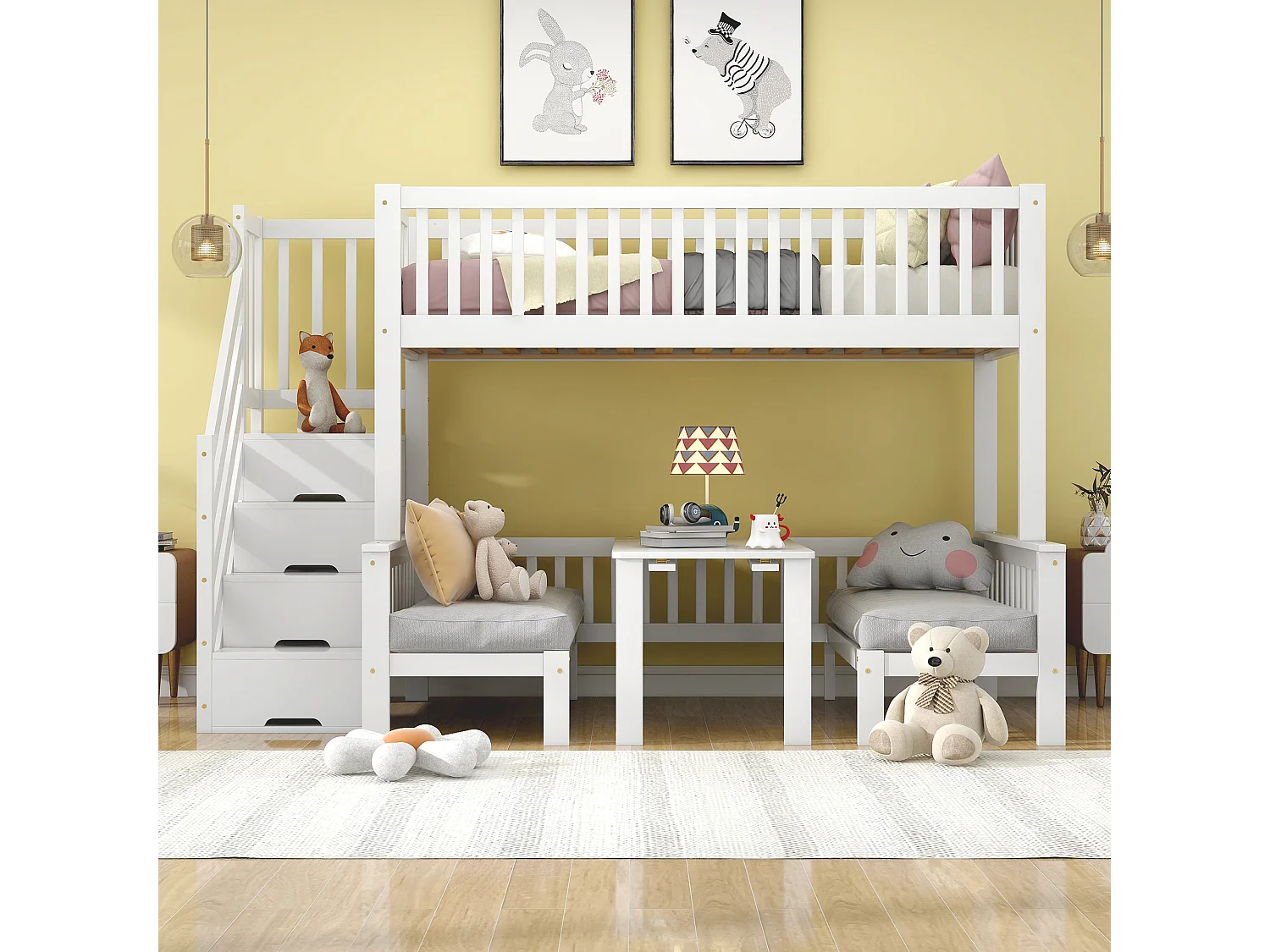 Łóżko piętrowe dla dzieci - 90 x 200 + 120 x 200 cm - ze stołem regulowanym + drabinką - sosna + płyta MDF - białe 4814486 - obrazek 1