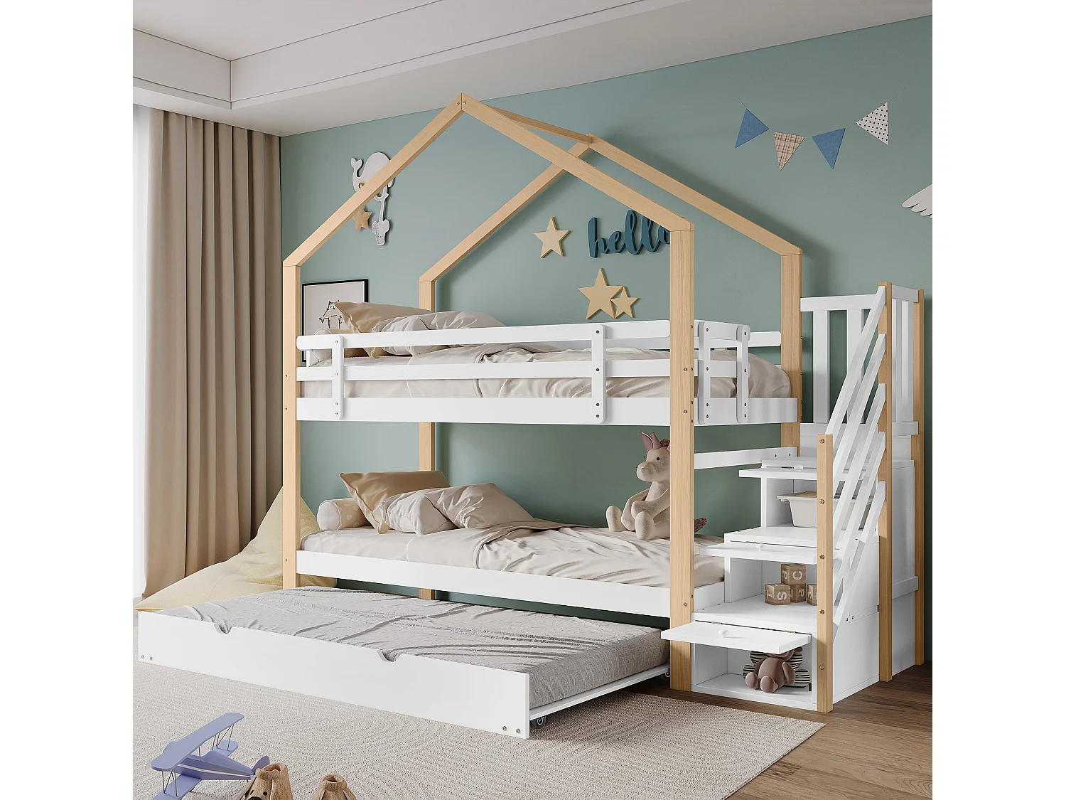 Łóżko piętrowe dla dzieci 3-osobowe – 2 x 90 x 200 cm – z łóżkiem wysuwanym 90 x 190 cm + 3 szuflady – płyta MDF – kolor naturalny + biały 4814500