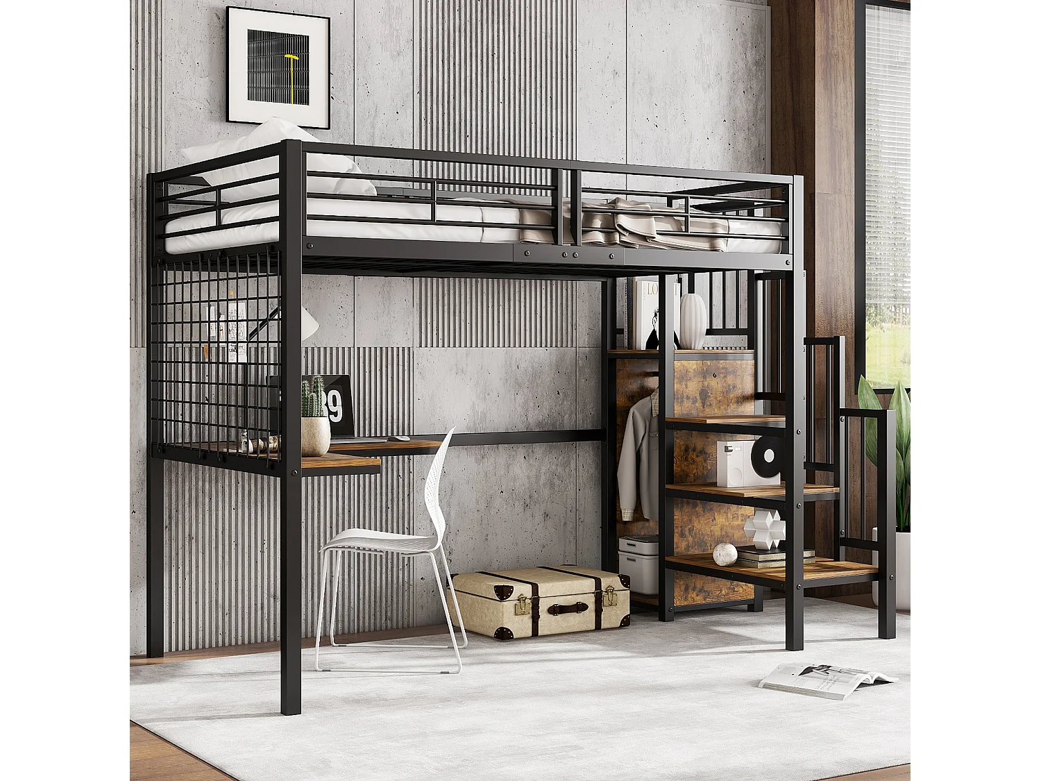 Łóżko piętrowe dla dzieci - 90 x 200 cm - z biurkiem + szafą + schodami do przechowywania - Metal + MDF - czarne + naturalne 4814506 - obrazek 1
