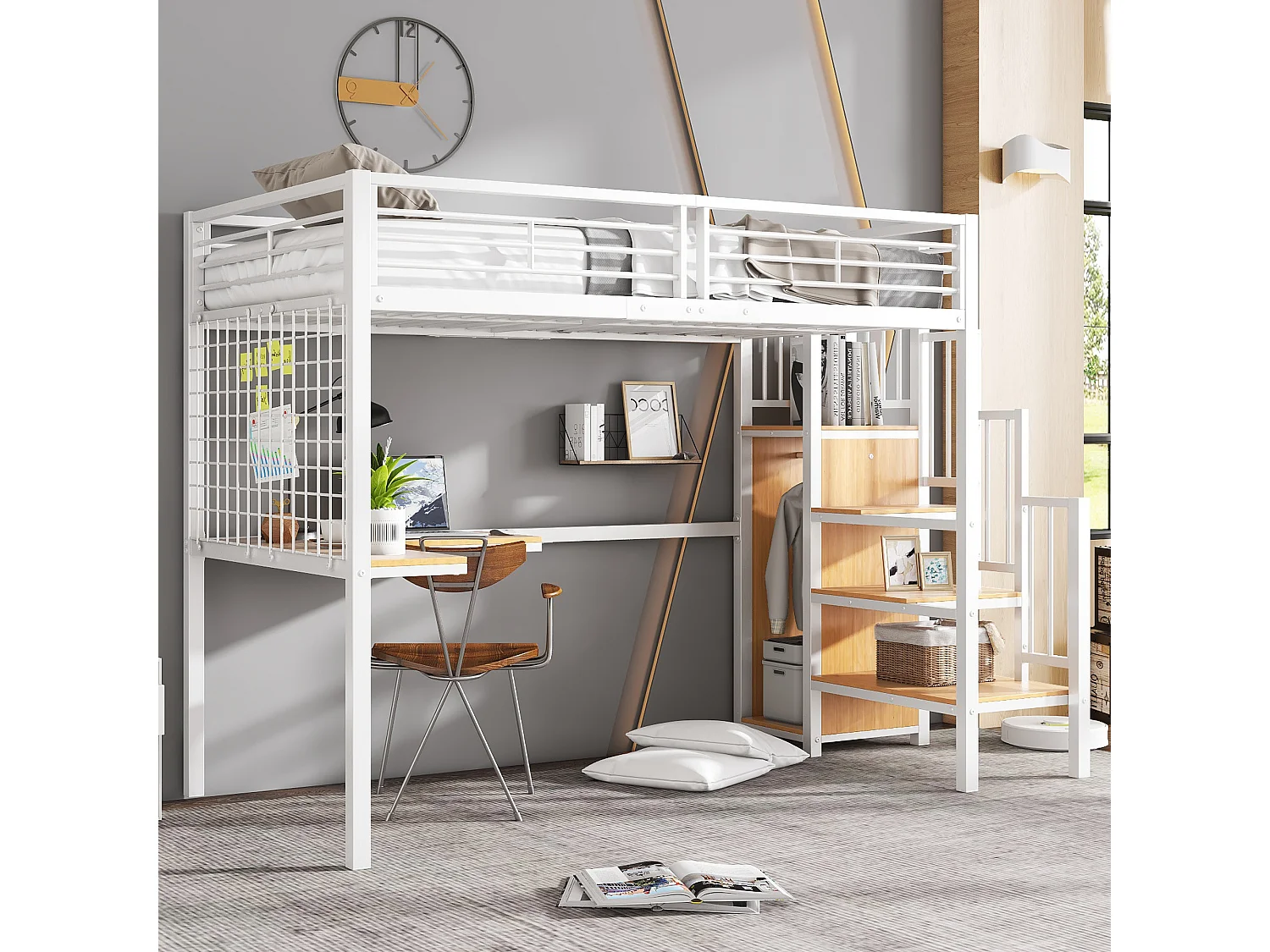Łóżko piętrowe dla dzieci - 90 x 200 cm - z biurkiem + szafą + schodami do przechowywania - Metal + MDF - białe + naturalne 4814526 - obrazek 1