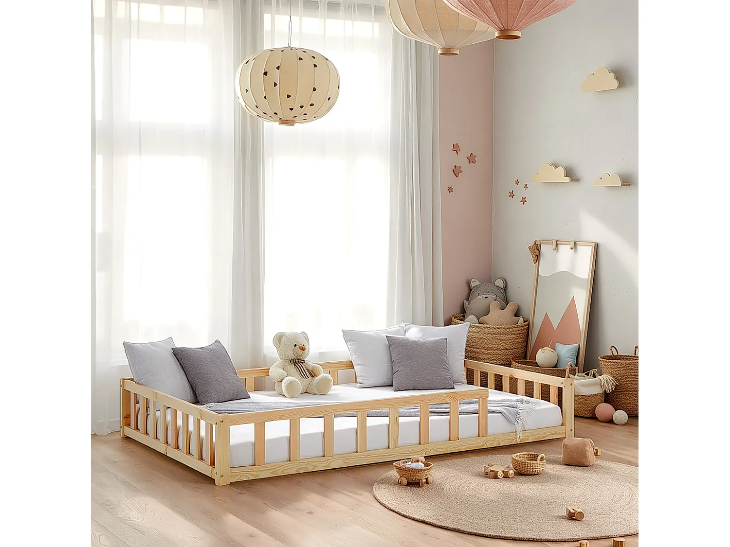 Łóżko dla malucha 120x200 cm Naturalne łóżko Montessori z barierkami 4644320 - obrazek 1