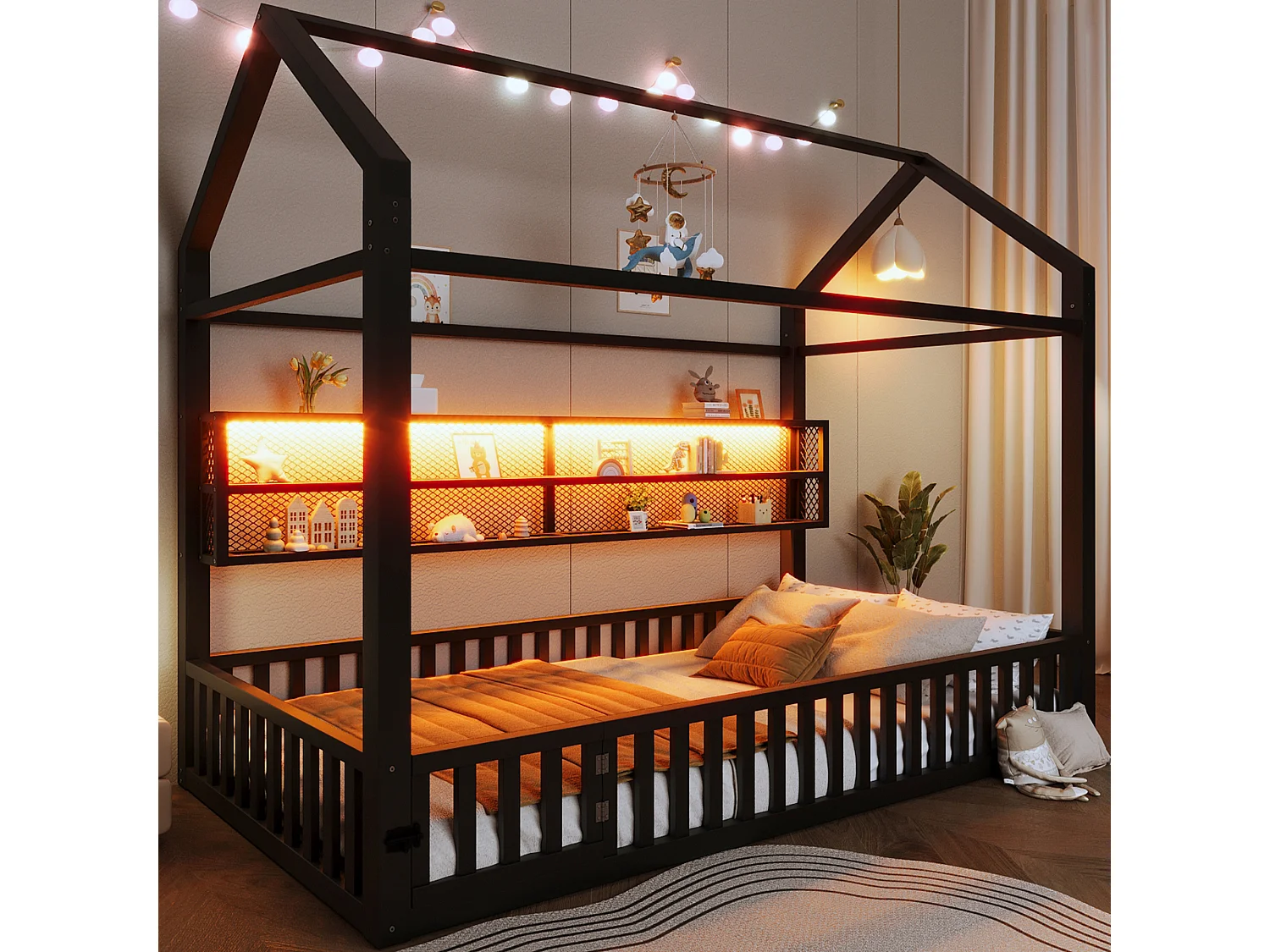 Łóżko dziecięce w kształcie domku - 90 x 200 cm - z barierką + diody LED + schowek - metalowe - czarne 4815451 - obrazek 1