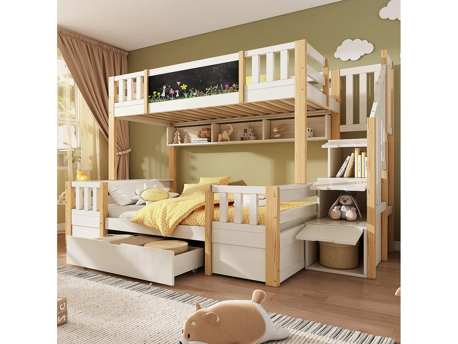 Łóżko piętrowe dla dzieci – 90 x 200 cm + 140 x 200 cm – z drabinką + 2 szuflady + obrazek – drewno + metal – biały + naturalny 4815711
