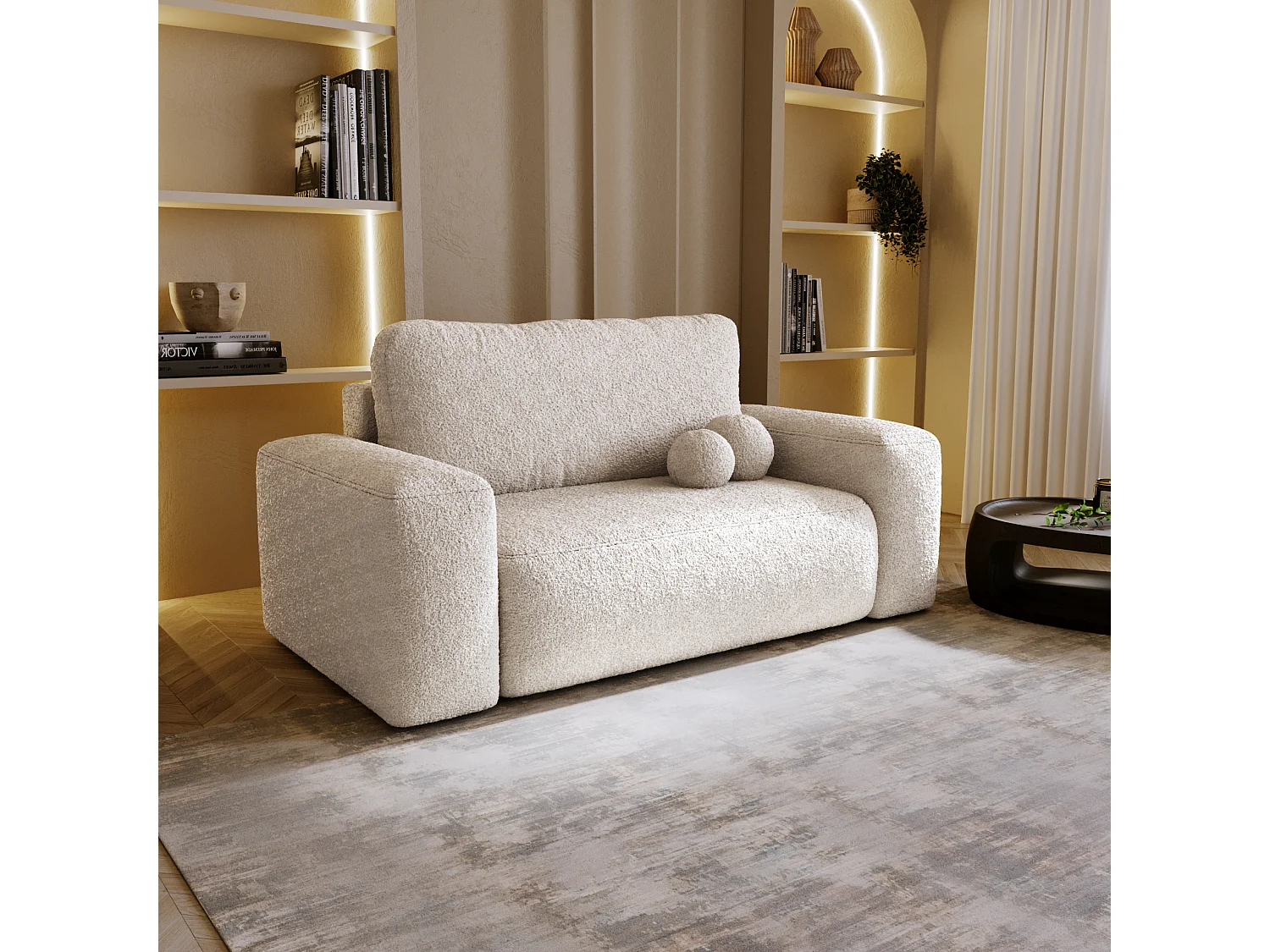 BESILIO Sofa rozkładana tapicerowana Ornello- okrągłe poduszki, sofa dwuosobowa, z funkcją spania, kanapa wolnostojąca, boucle - Beżowy 4815968 - obrazek 1
