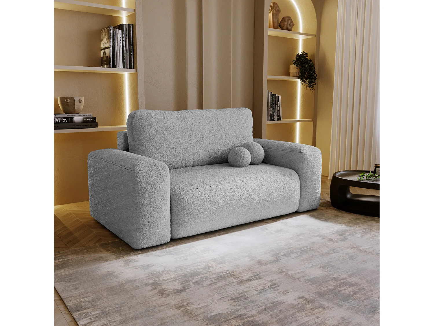 BESILIO Sofa rozkładana tapicerowana Ornello- okrągłe poduszki, sofa dwuosobowa, z funkcją spania, kanapa wolnostojąca, boucle - Jasnoszary 4818075 - obrazek 1