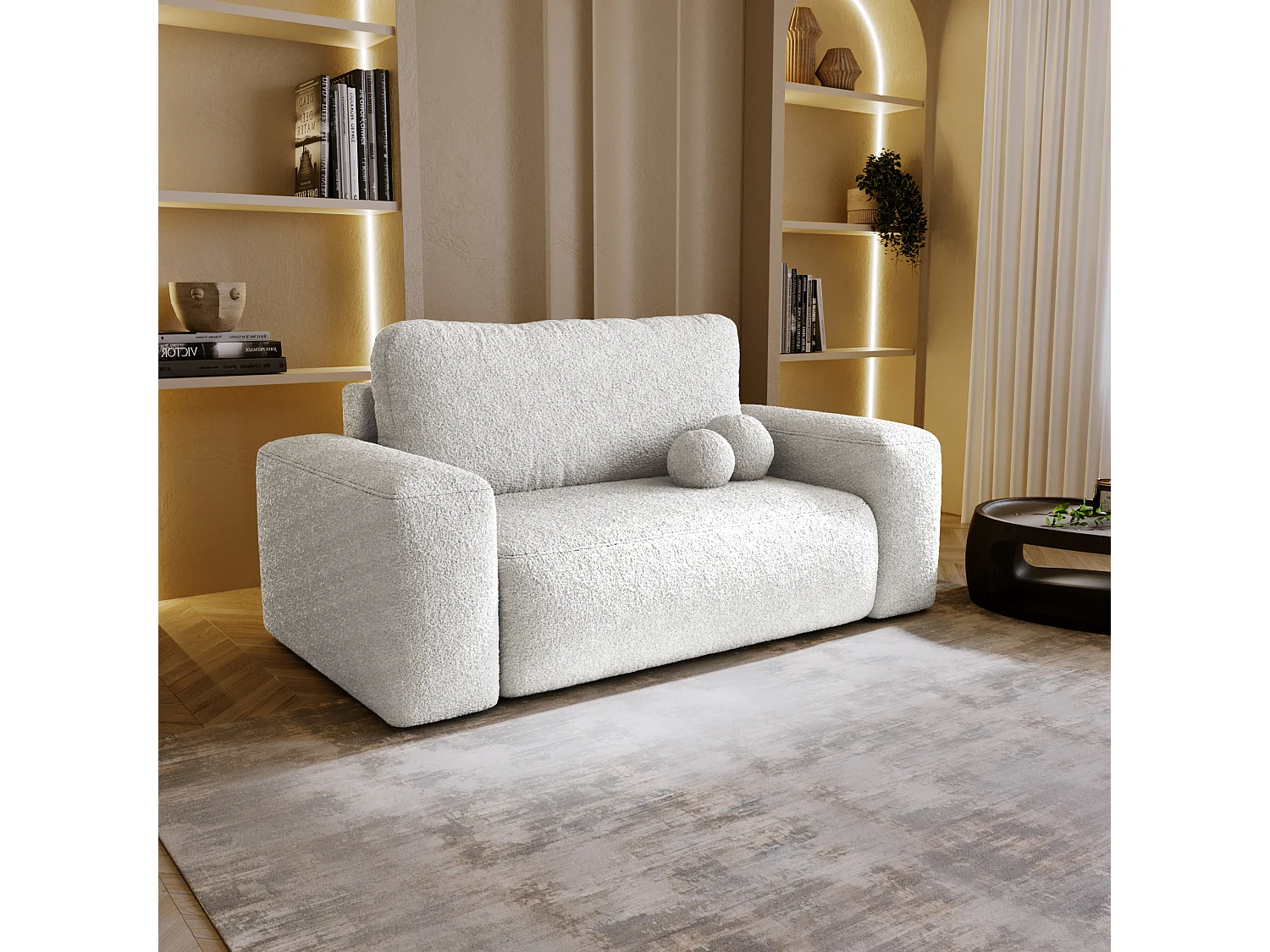 BESILIO Sofa rozkładana tapicerowana Ornello- okrągłe poduszki, sofa dwuosobowa, z funkcją spania, kanapa wolnostojąca, boucle – Biały 4818076