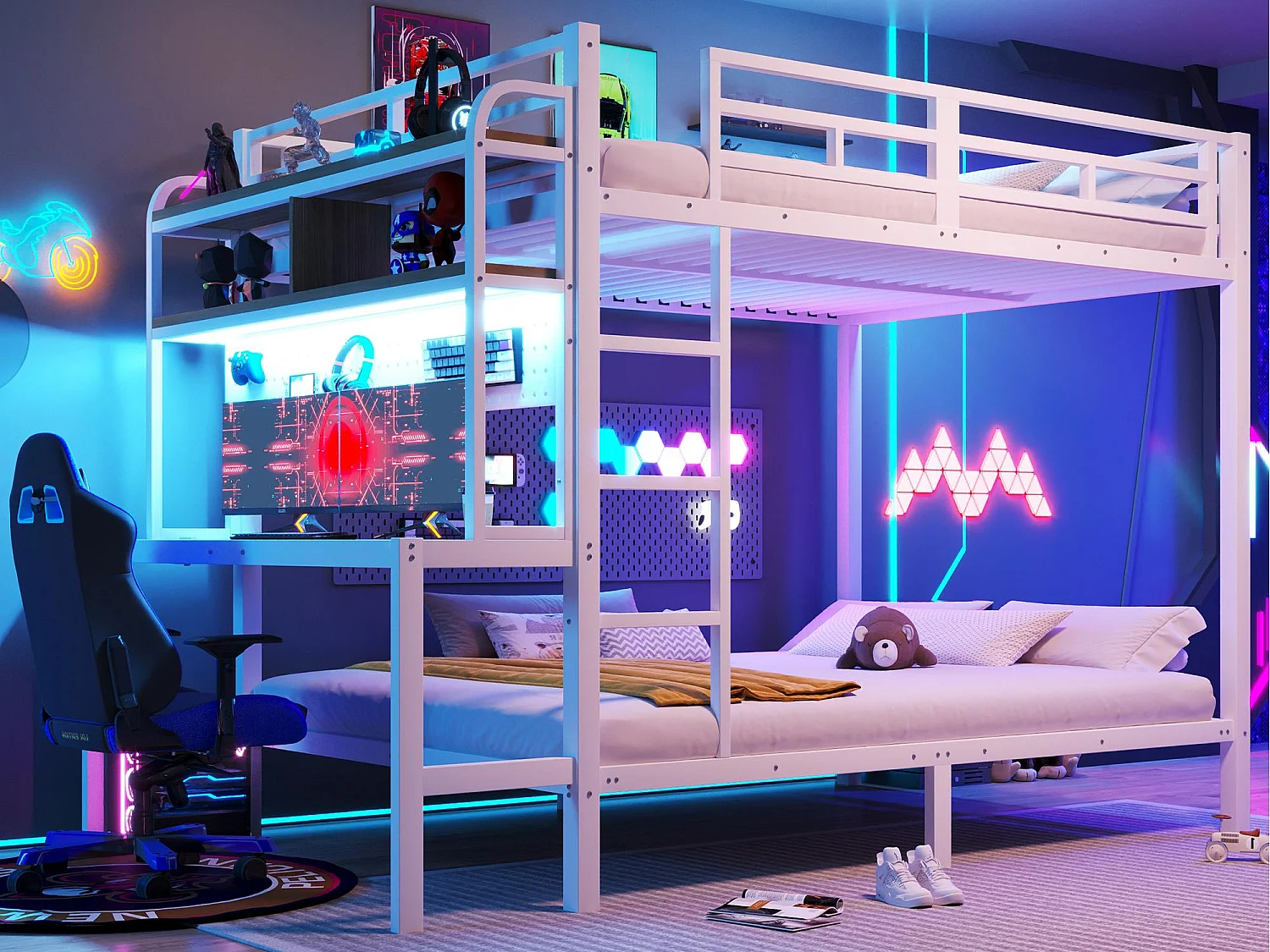 Łóżko piętrowe 140×200 cm – z przegródkami do przechowywania – z biurkiem – z oświetleniem LED – z portem USB – biały​ (materac nie jest wliczony w cenę) 4819020
