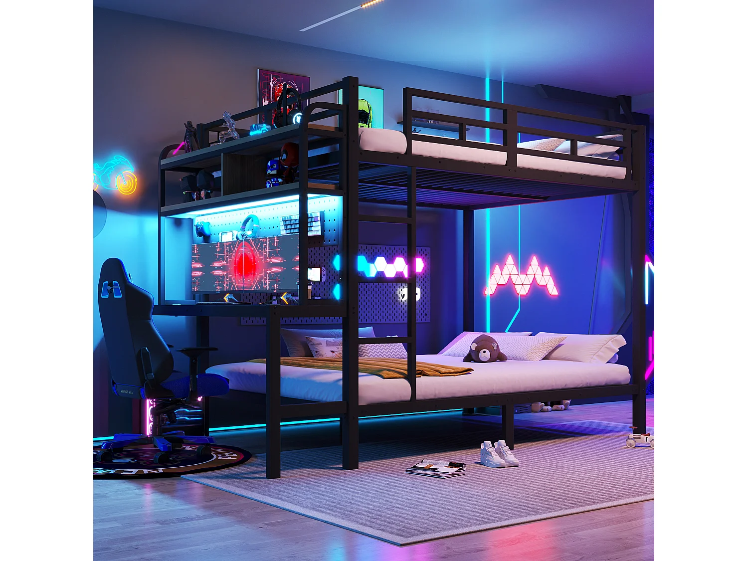 Łóżko piętrowe dla dzieci - 2 x 140 x 200 cm - rama żeliwna - z biurkiem + diody LED + port USB + półka - metalowe - czarne 4819239 - obrazek 1