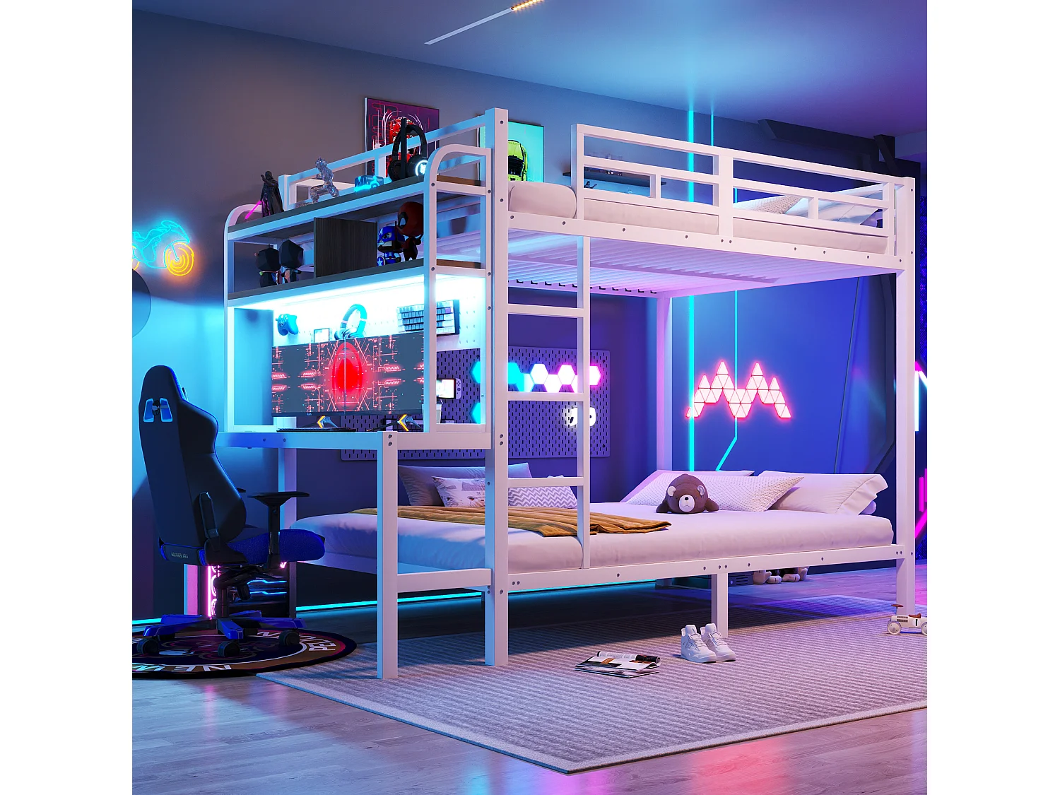 Łóżko piętrowe dla dzieci - 2 x 140 x 200 cm - rama żeliwna - z biurkiem + diody LED + port USB + półka - metalowe - białe 4819248 - obrazek 1