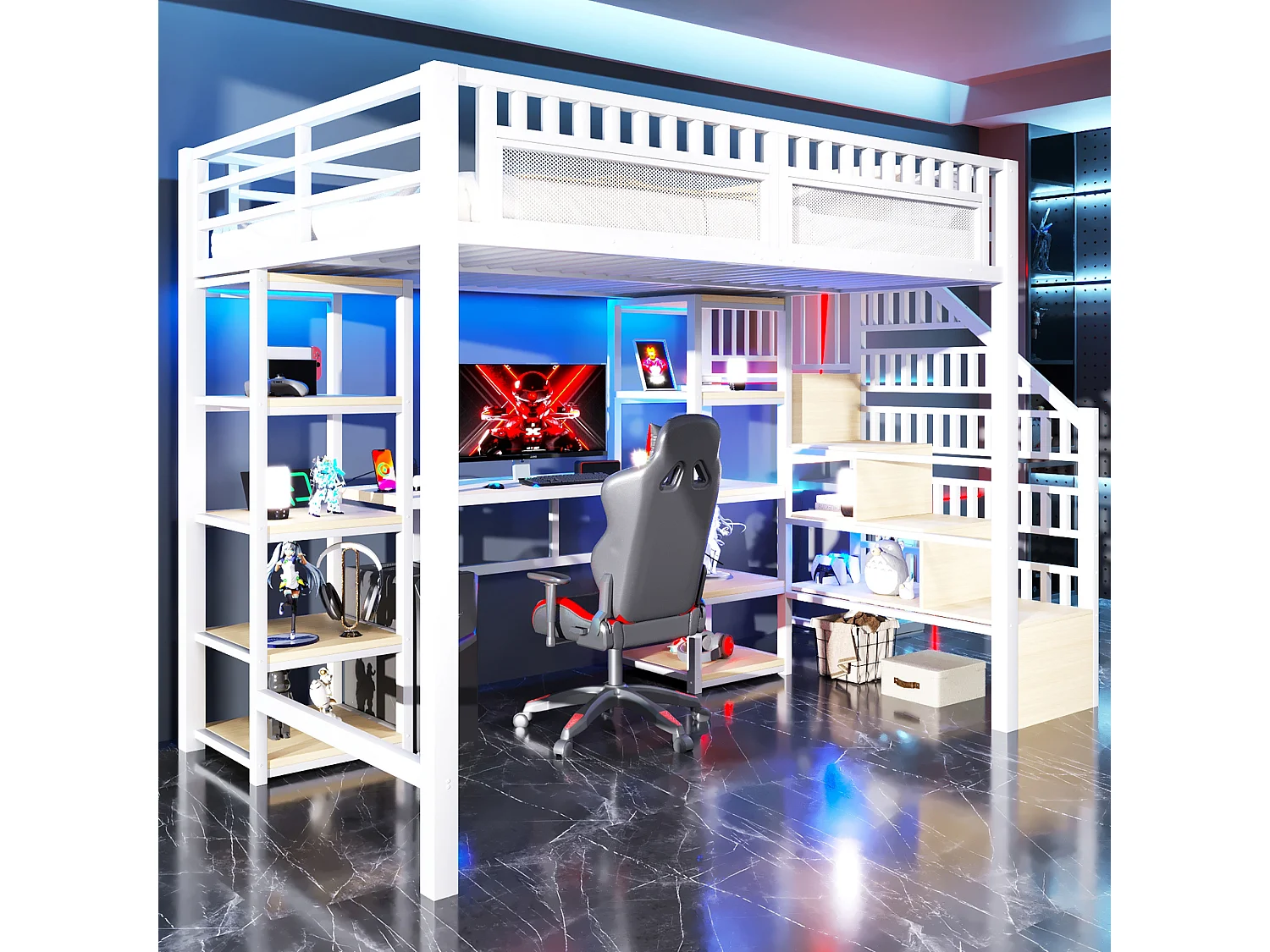 Łóżko piętrowe dla dzieci - 140 x 200 cm - rama żeliwna - z biurkiem + diody LED + port USB + półka + drabinka - metalowe - białe 4819314 - obrazek 1