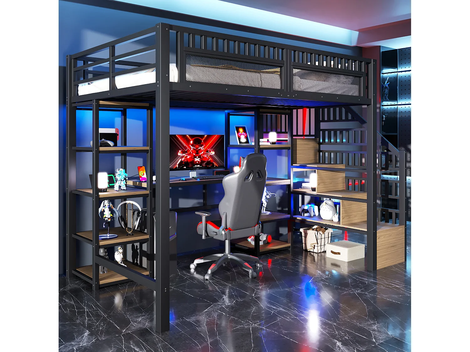Łóżko piętrowe dla dzieci - 140 x 200 cm - rama żeliwna - z biurkiem + diody LED + port USB + półka + drabinka - metalowe - czarne 4819316 - obrazek 1
