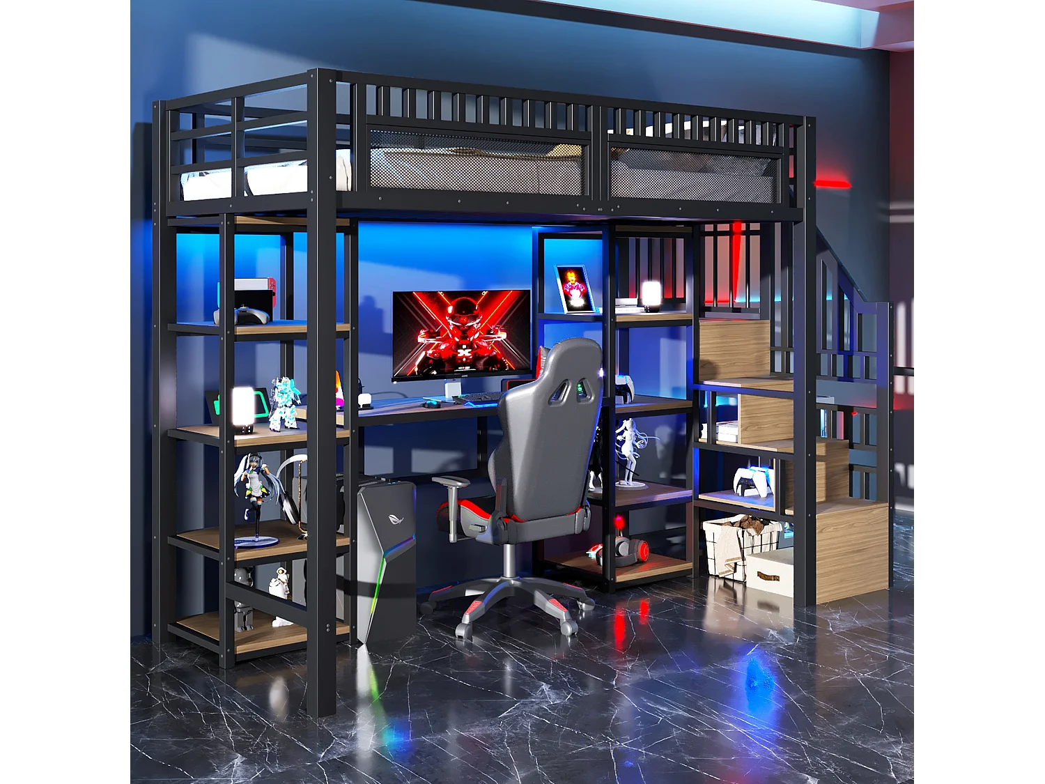 Łóżko piętrowe dla dzieci - 90 x 200 cm - rama żeliwna - z biurkiem + diody LED + port USB + półka + drabinka - metalowe - czarne 4819319 - obrazek 1