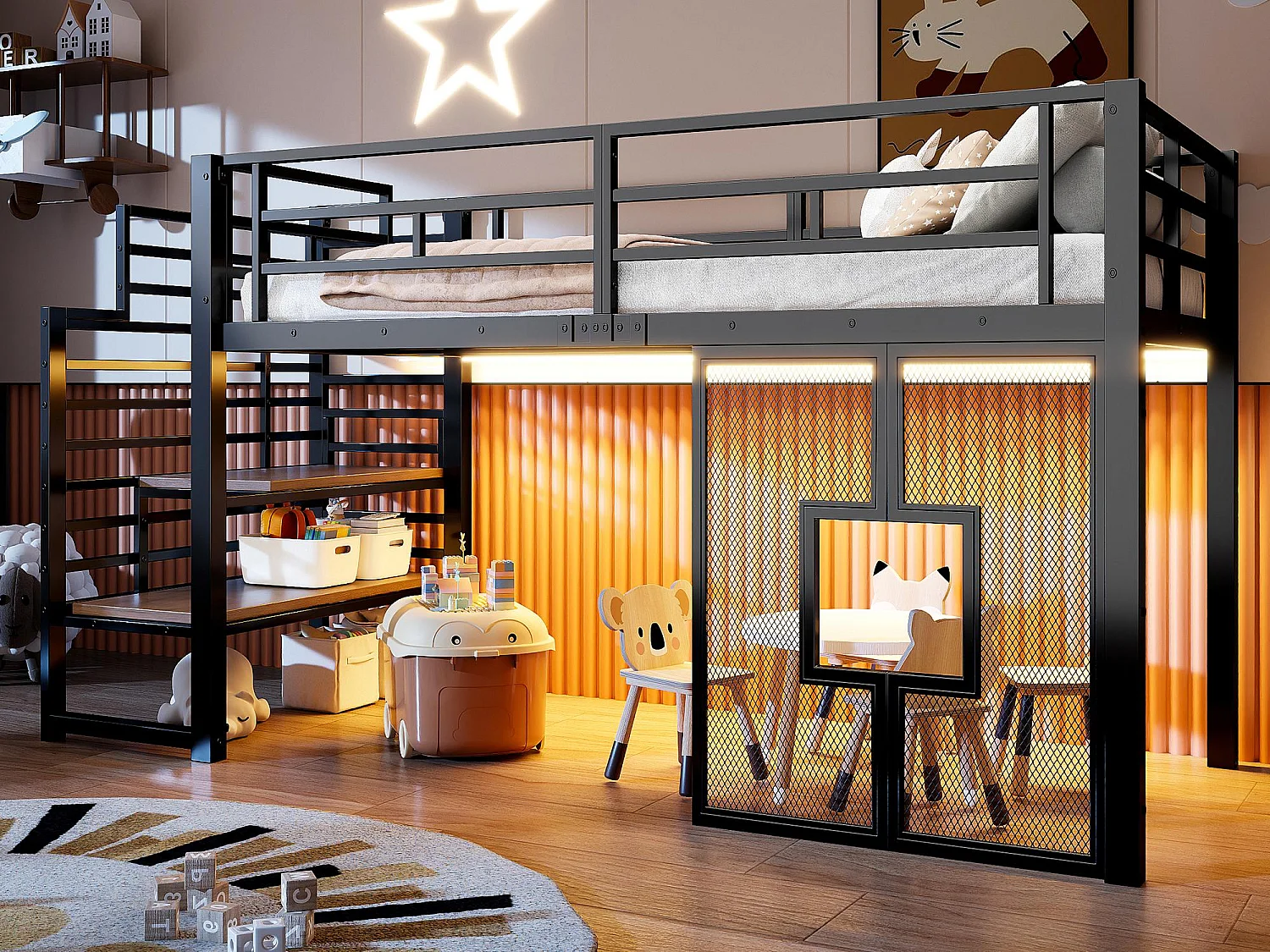 Łóżko na antresoli z metalu 90x200cm - z oświetleniem LED - Wzór okna - Czarny​ (bez materaca) 4823341 - obrazek 1
