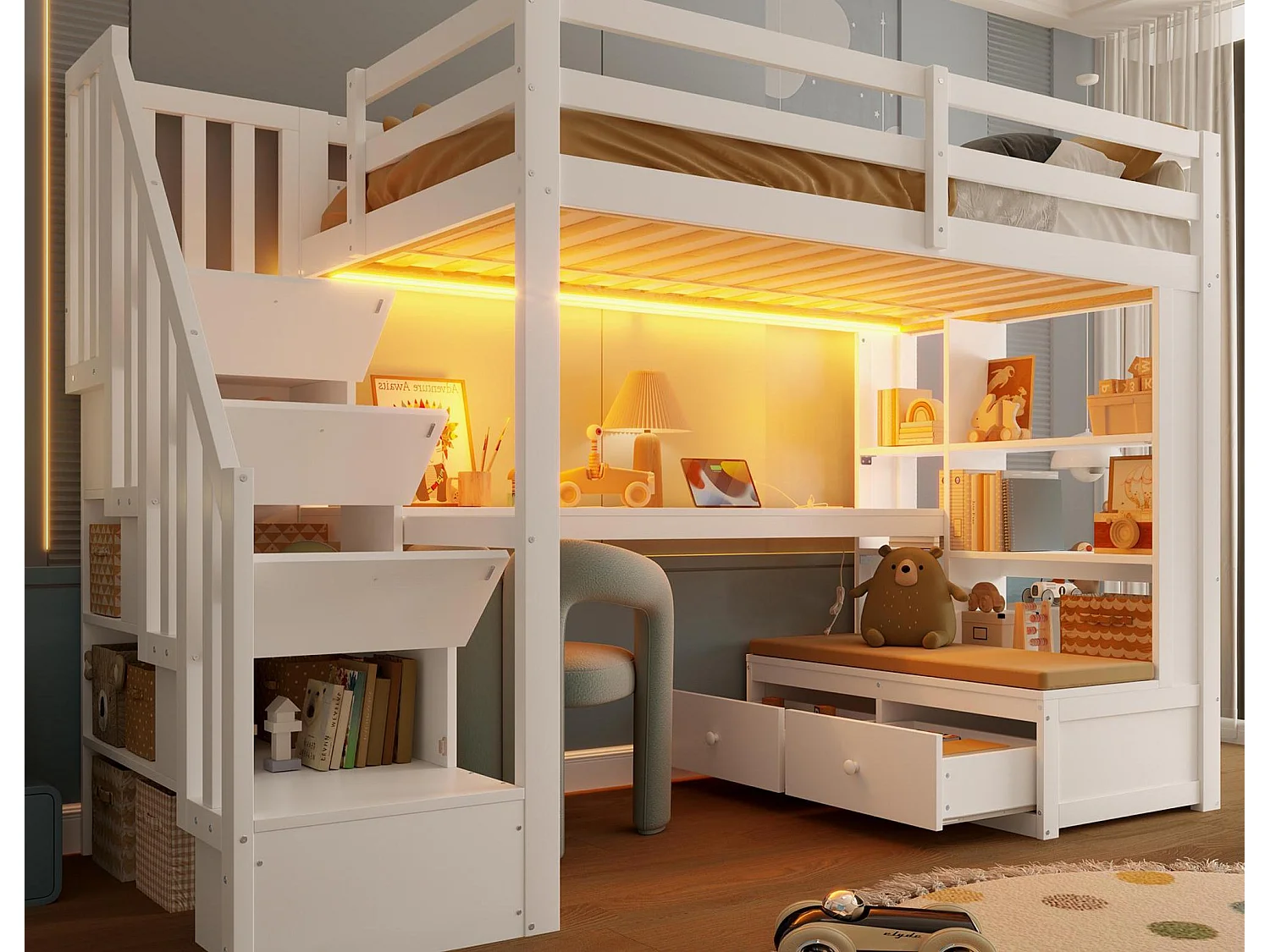 Łóżko mezzanine dla dzieci 90x200 cm - z biurkiem i półką - 2 szuflady - schody do przechowywania - białe (bez materaca) 4823348 - obrazek 1
