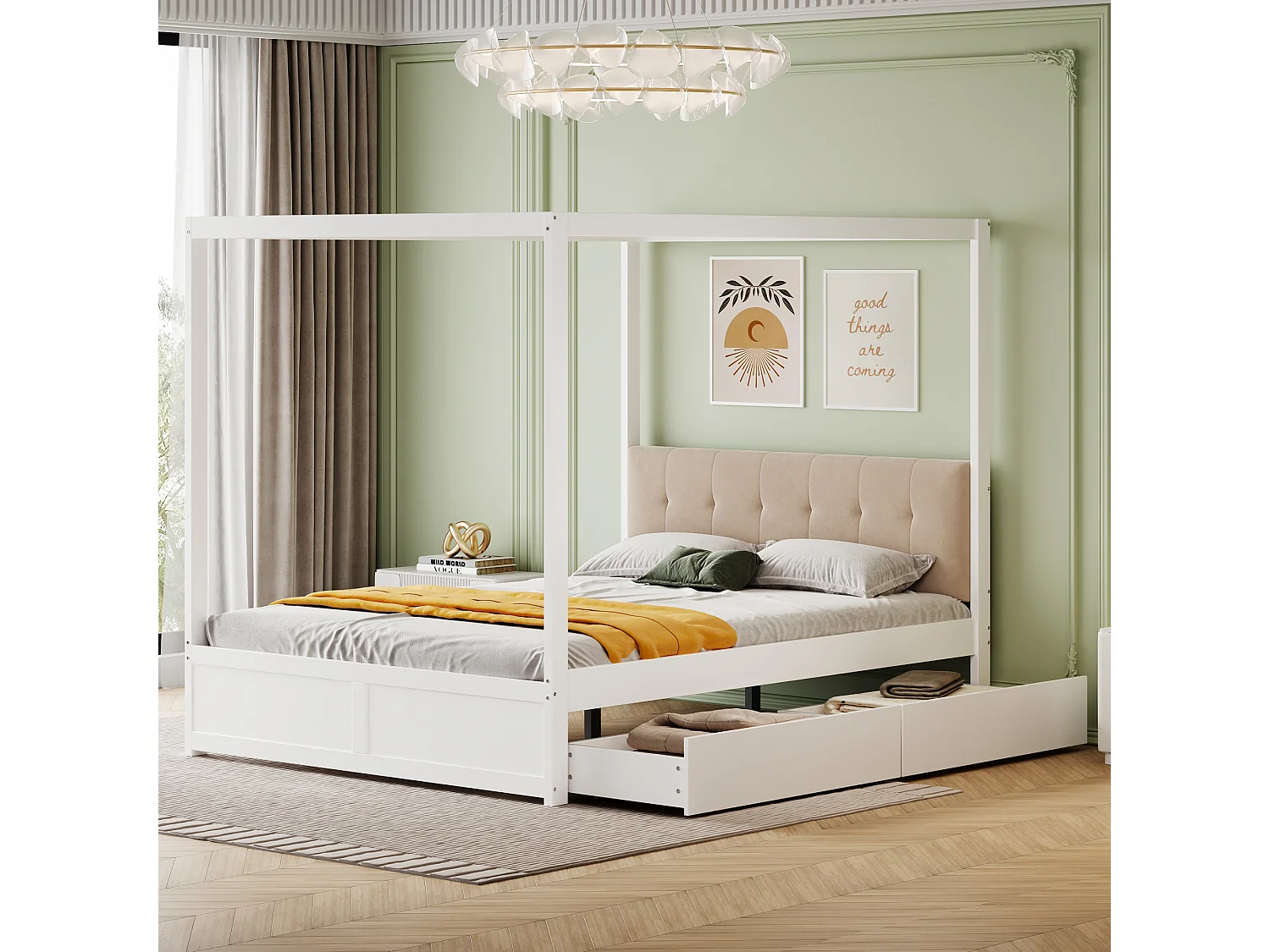 Łóżko dla dorosłych 140x200 cm - łóżko podwójne z 2 szufladami - białe drewno 4824223 - obrazek 1