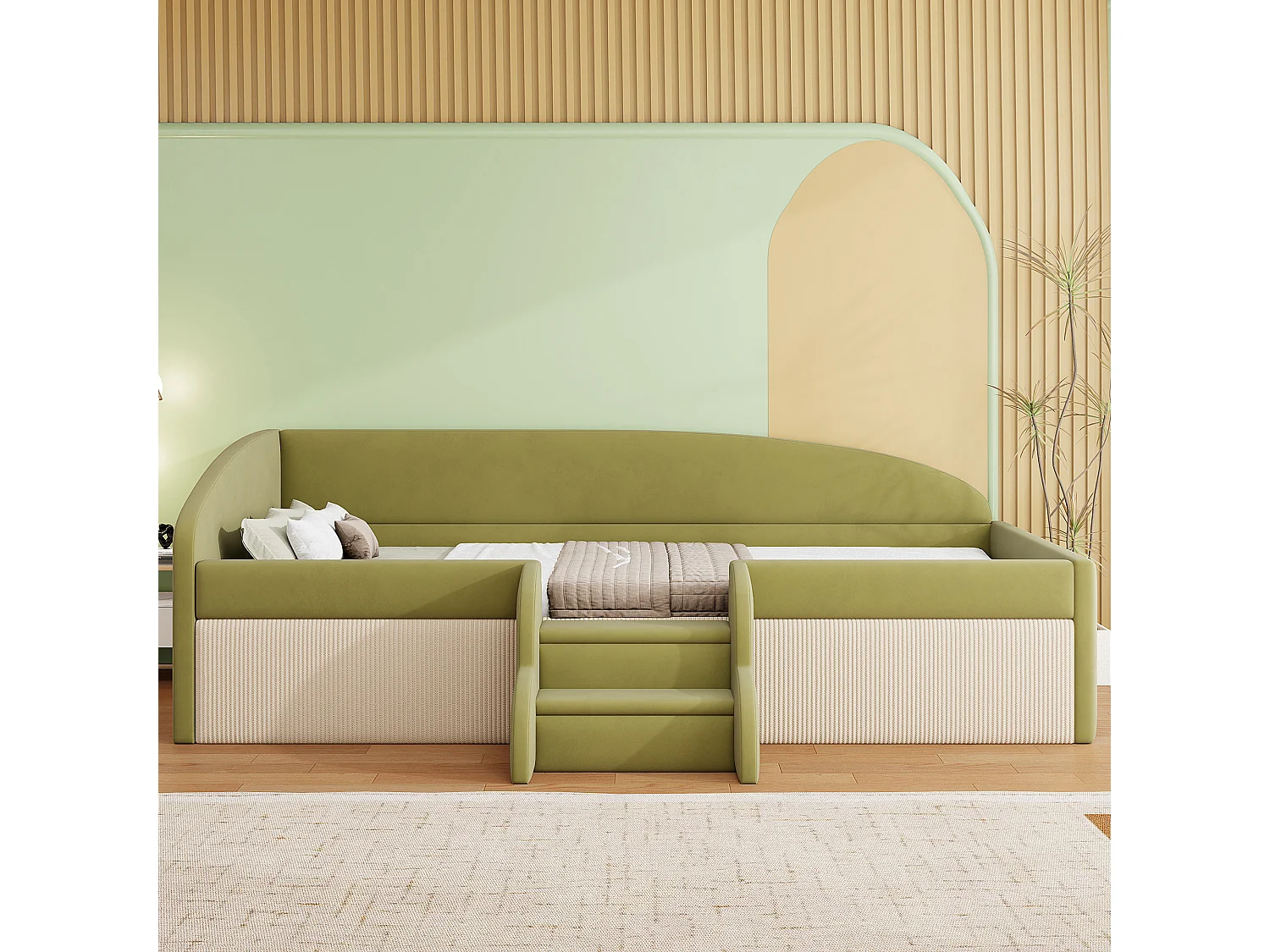 Łóżko dzienne 90x190 cm – łóżko dziecięce z stelażem – aksamit – ciemnozielony + beżowy – materac nie jest wliczony w cenę 4824238 - obrazek 1