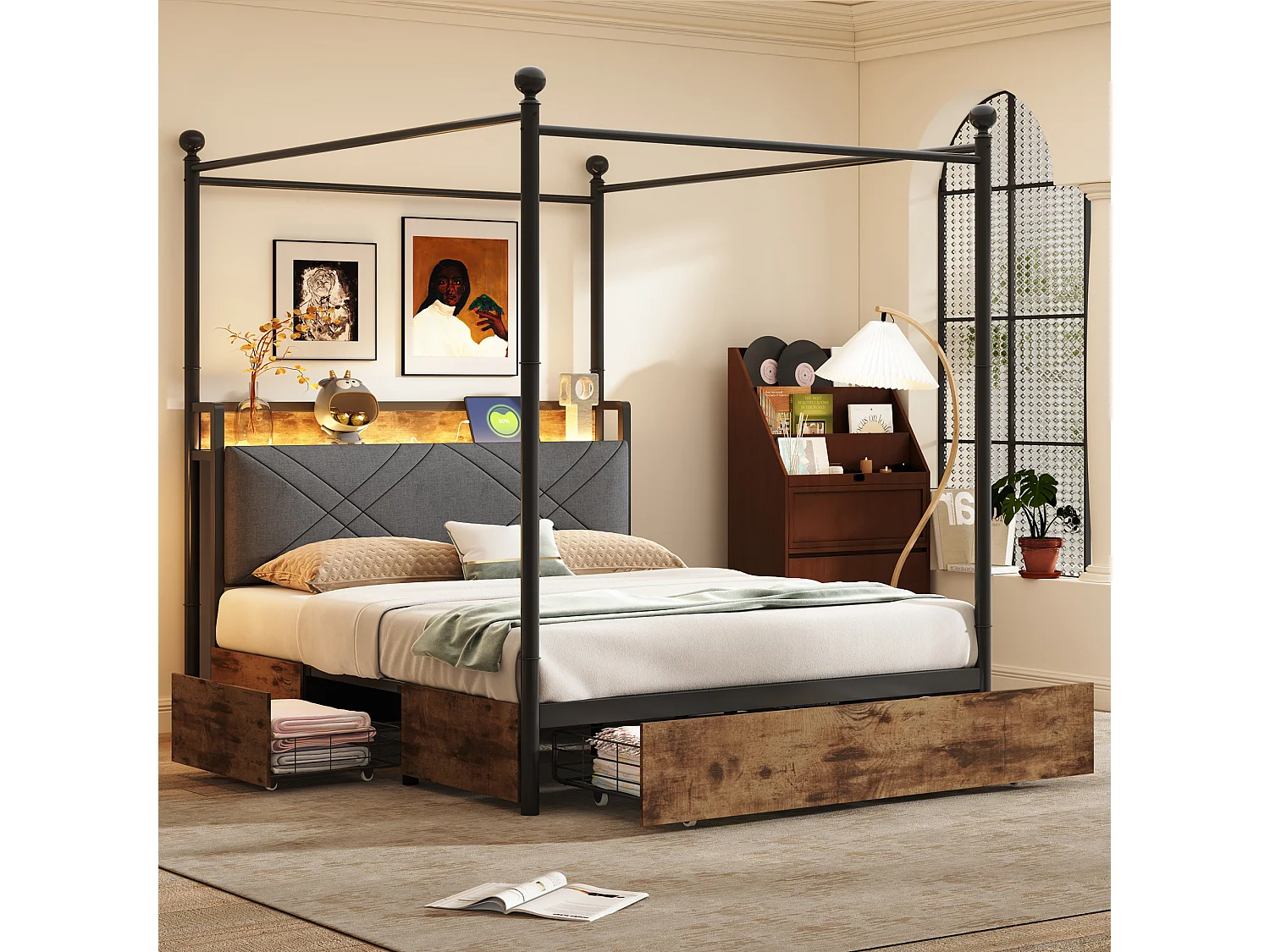 Łóżko dziecięce 140x190 cm - z oświetleniem LED i portem USB, wyściełanym zagłówkiem i 2 szufladami - metalowe - czarne - materac nie jest wliczony w cenę 4824227 - obrazek 1