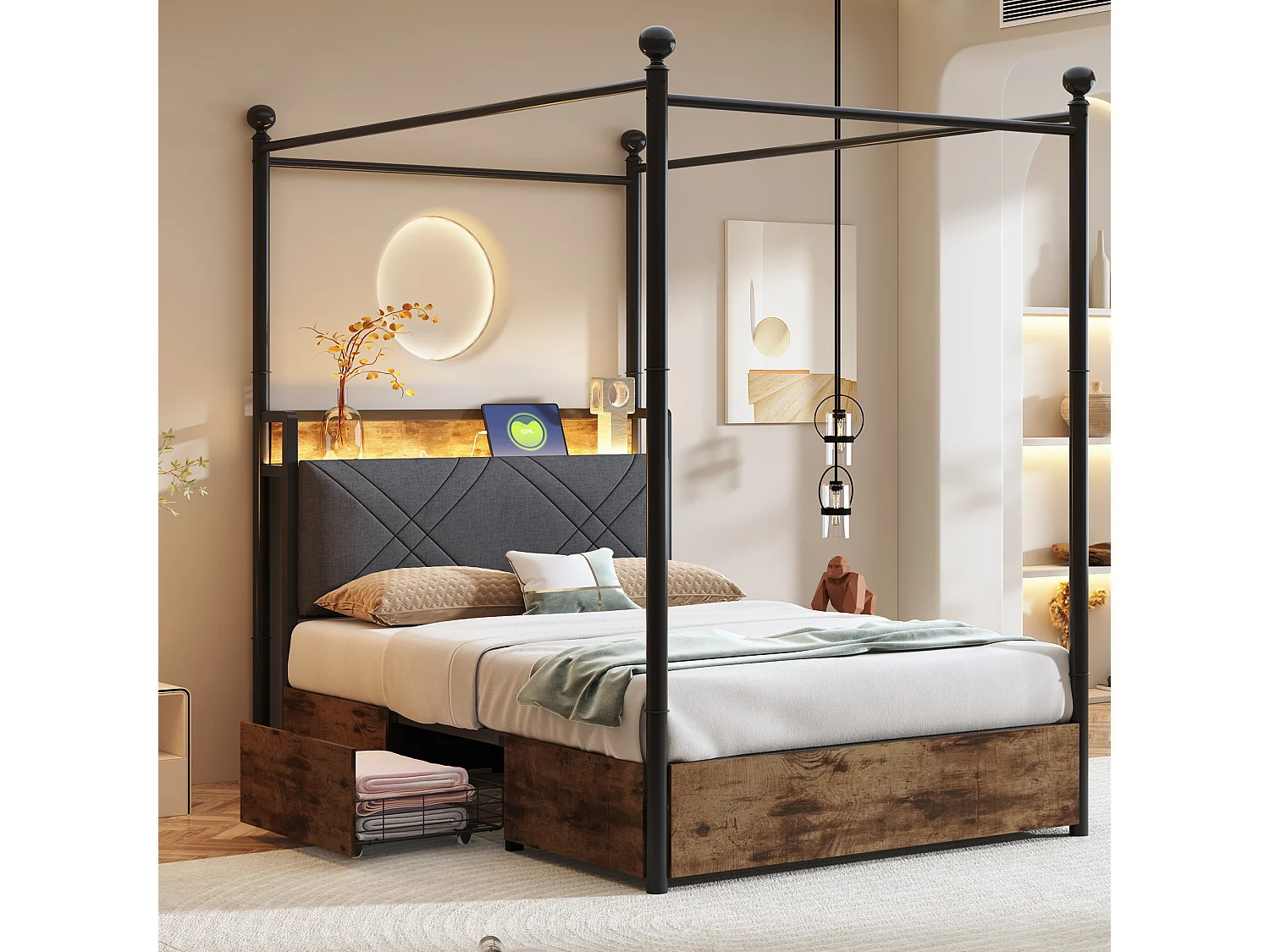 Łóżko dziecięce 90x190 cm - z oświetleniem LED i portem USB, wyściełanym zagłówkiem i 2 szufladami - metalowe - czarne - materac nie jest wliczony w cenę 4824229 - obrazek 1