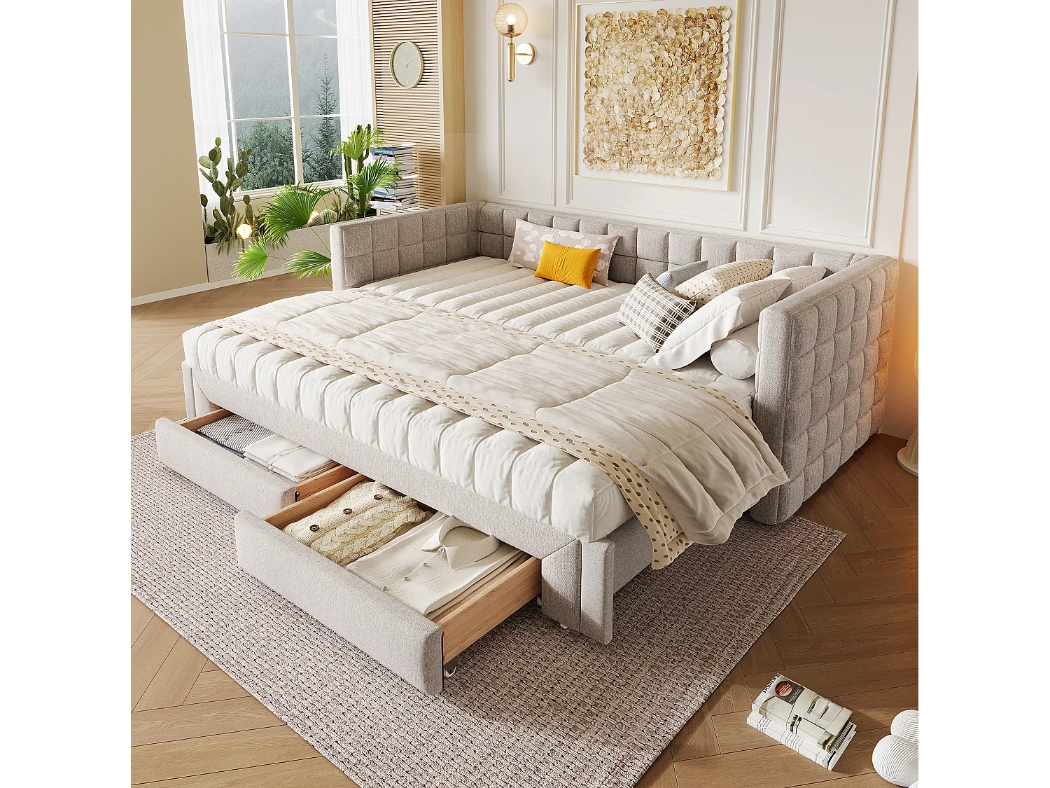Łóżko dziecięce 90 x 200 cm – z zagłówkiem, 2 szufladami – aksamitne – beżowe – bez materaca 4824236 - obrazek 1