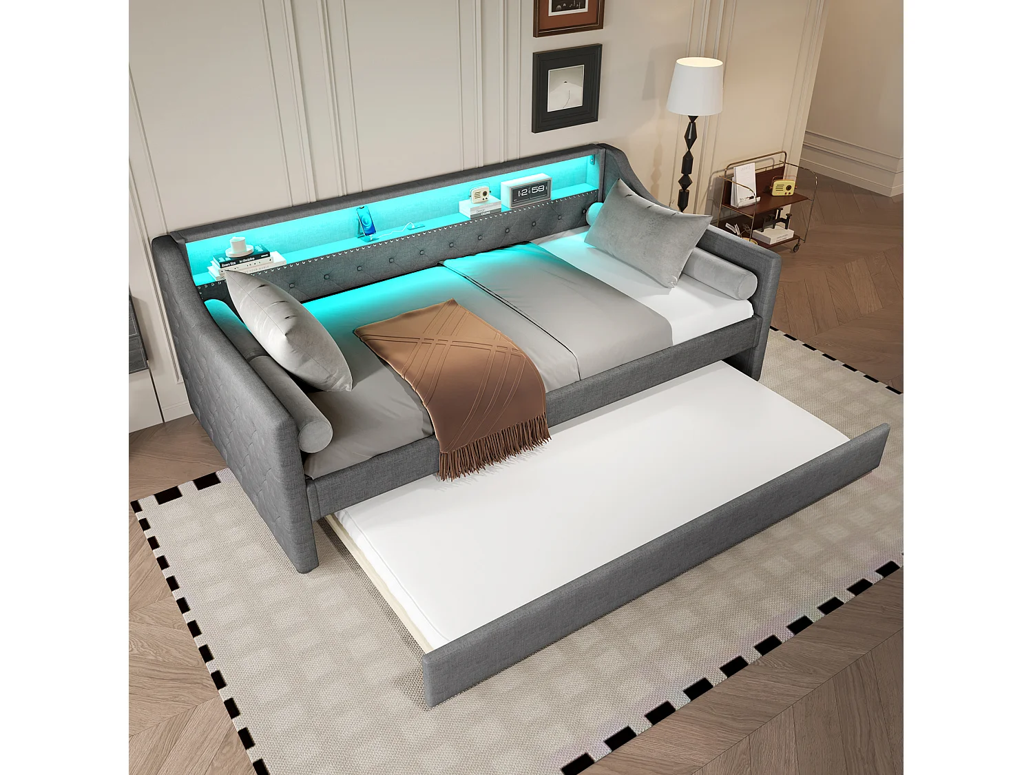 Łóżko dziecięce 90 x 200 cm - z oświetleniem LED, USB, stelażem z listew - szara pościel - materac nie jest wliczony w cenę 4824233 - obrazek 1