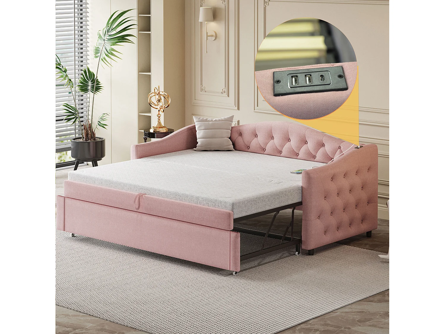 Łóżko dla dzieci 90x200 cm - z portem USB i stelażem - różowy len - bez materaca 4824244 - obrazek 1