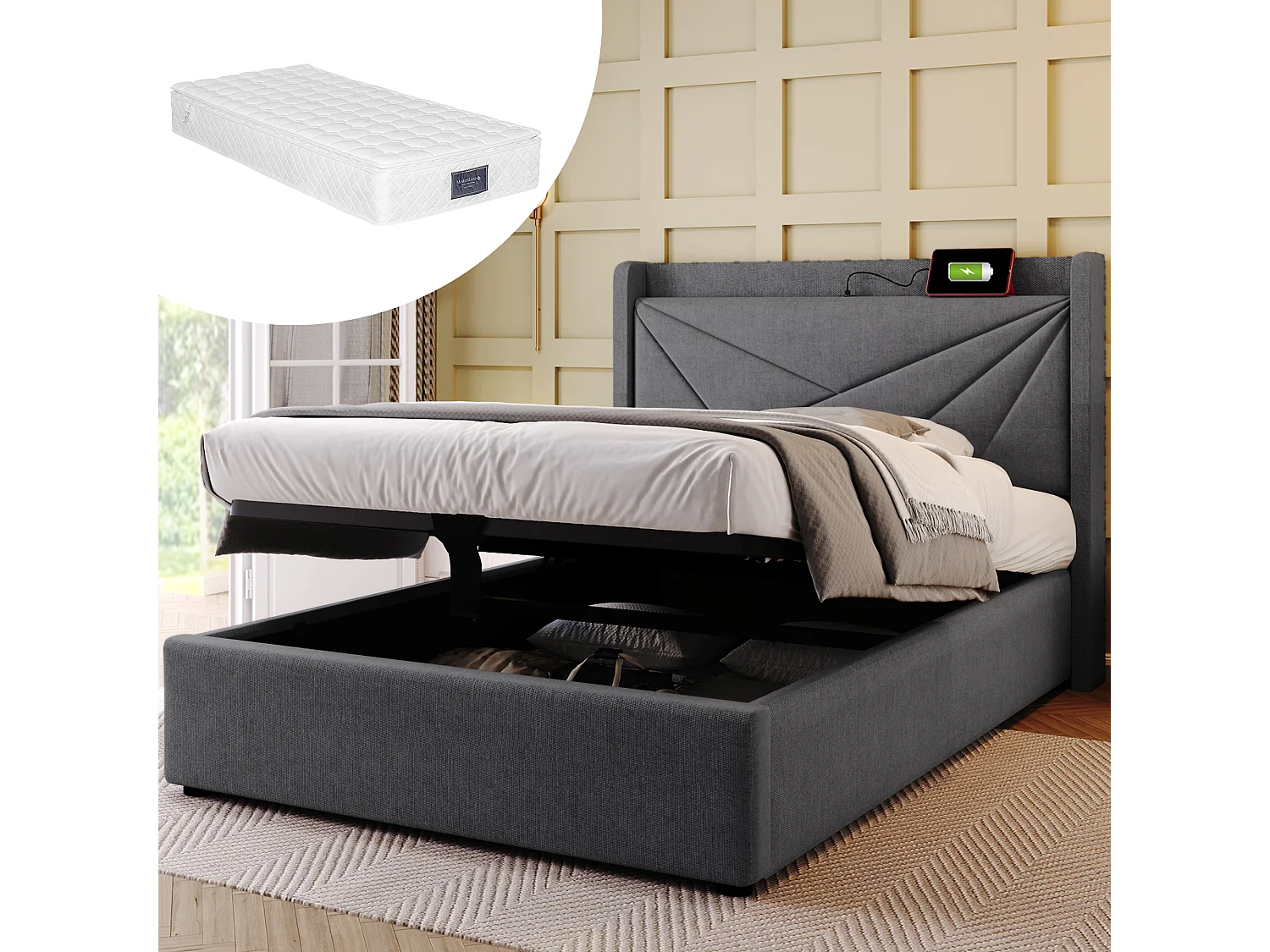 Łóżko dziecięce 90x200 cm - z zagłówkiem, portami USB i USB typu C, stelażem - szary len - materac w cenie 4824293 - obrazek 1