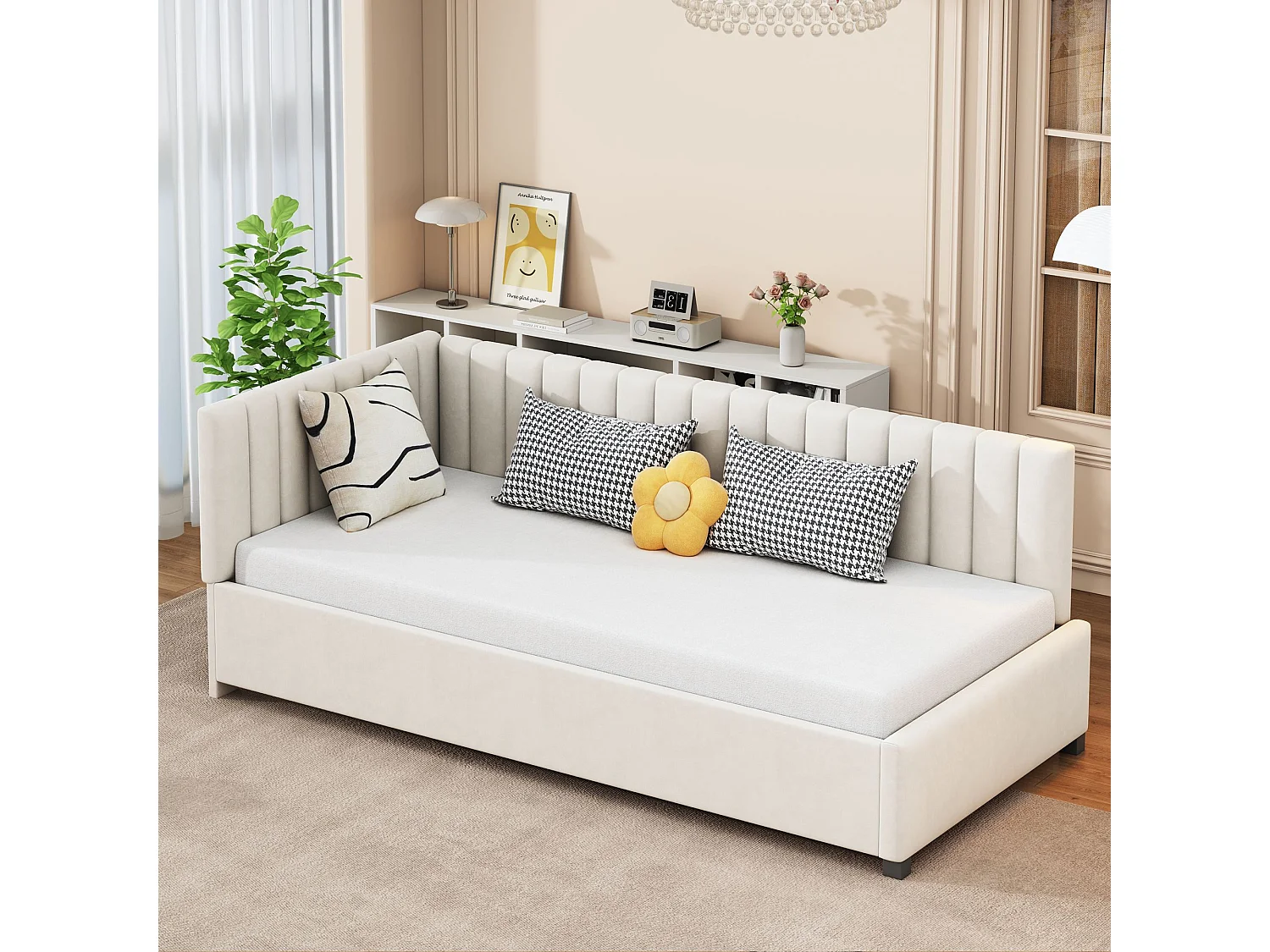 Łóżko dziecięce 90x200 cm - z zagłówkiem, stelażem - aksamit - beżowy - materac nie jest wliczony w cenę 4824286 - obrazek 1