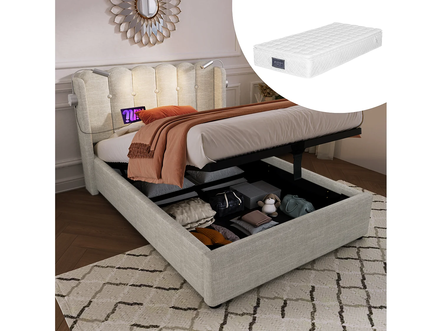 Łóżko dziecięce 90x200 cm - rama łóżka z zagłówkiem, portem USB - beżowy len - materac w cenie 4824297 - obrazek 1