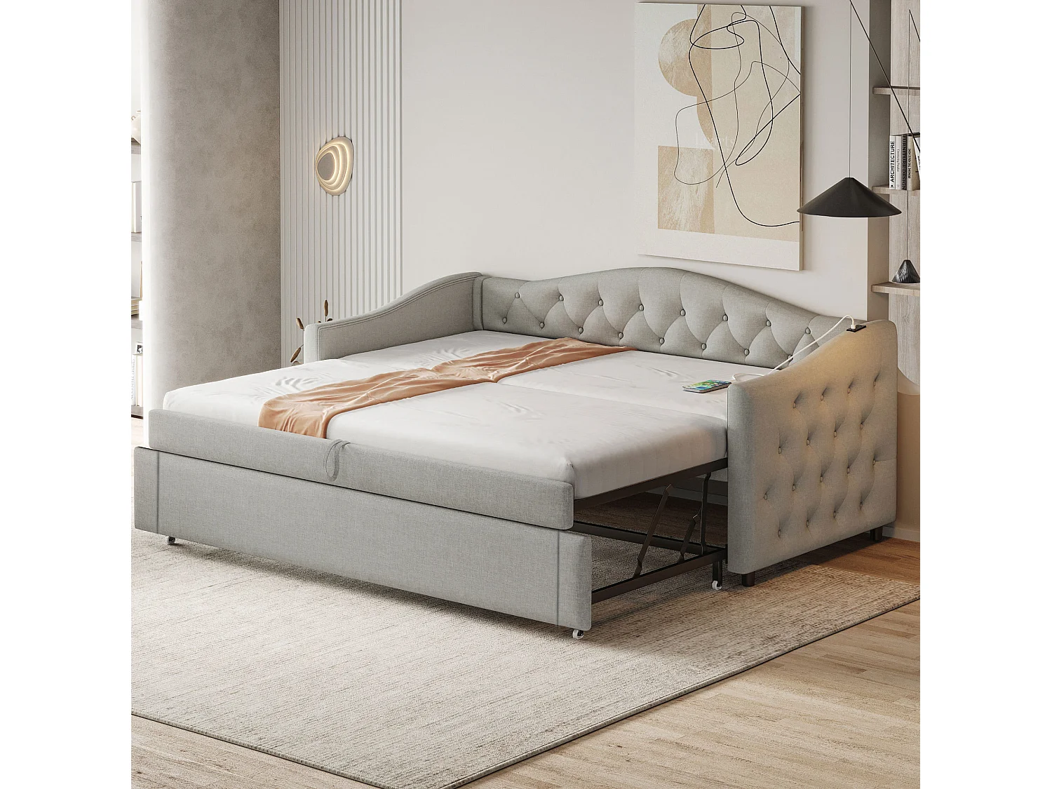 Łóżko dla dzieci 90x200 cm - z portem USB i stelażem - szary len - bez materaca 4824306 - obrazek 1