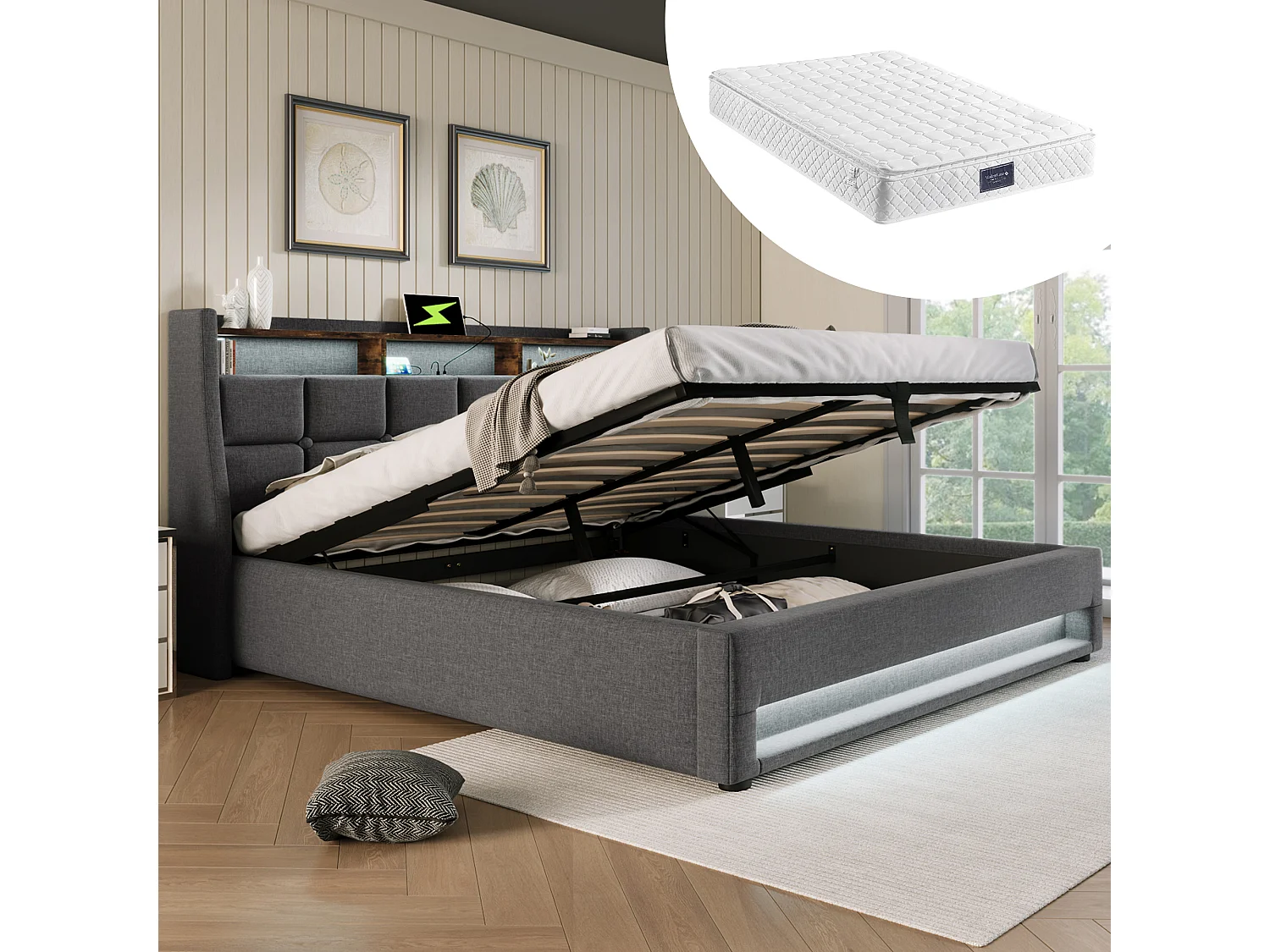 Łóżko dla dorosłych 160x200 cm - z oświetleniem LED, USB, stelażem - lniane - szare - materac w cenie 4824324 - obrazek 1