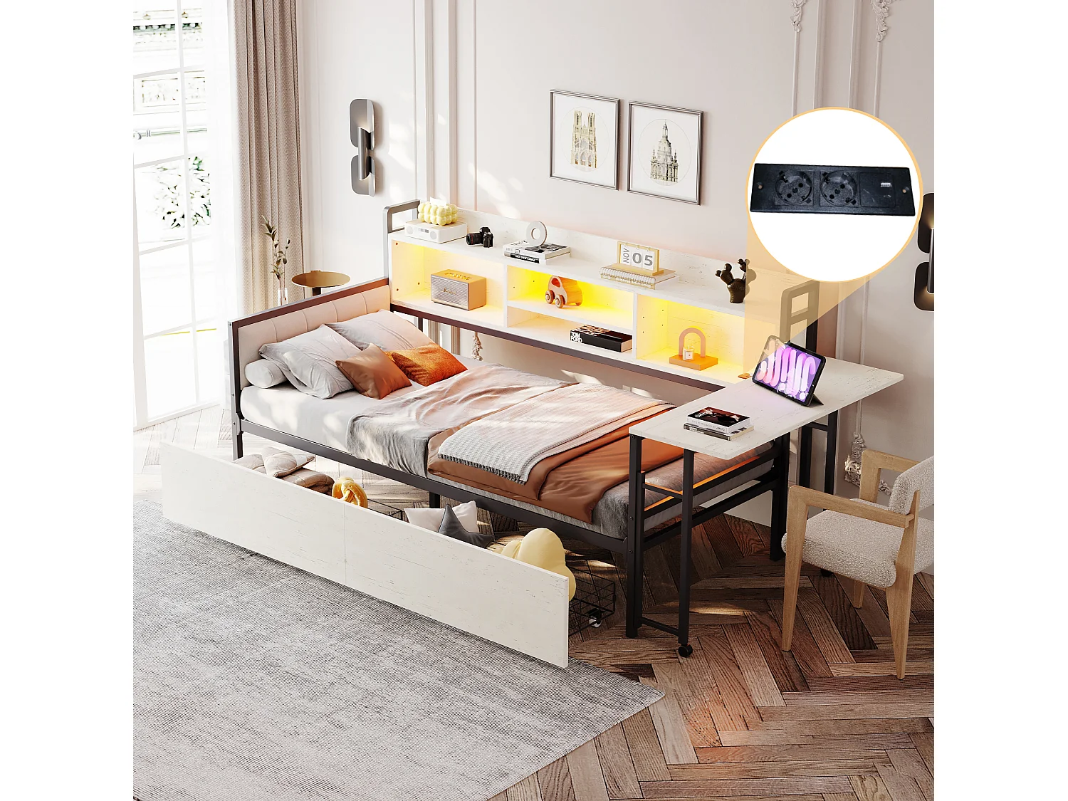 Łóżko dzienne 90x200 cm - łóżko dla dorosłych z oświetleniem LED i portem ładowania, 2 szufladami i biurkiem - białe - materac nie jest wliczony w cenę 4824330 - obrazek 1
