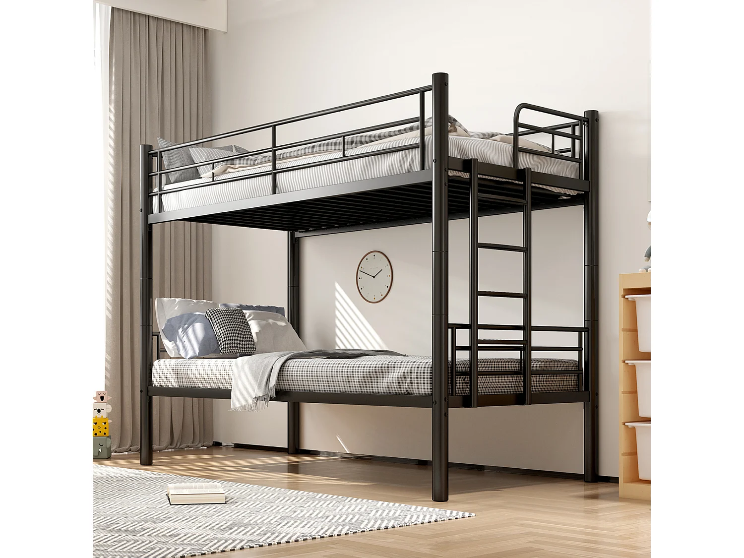 Łóżko piętrowe 90×200 cm – z barierkami i schodkami – czarny metal 4824344