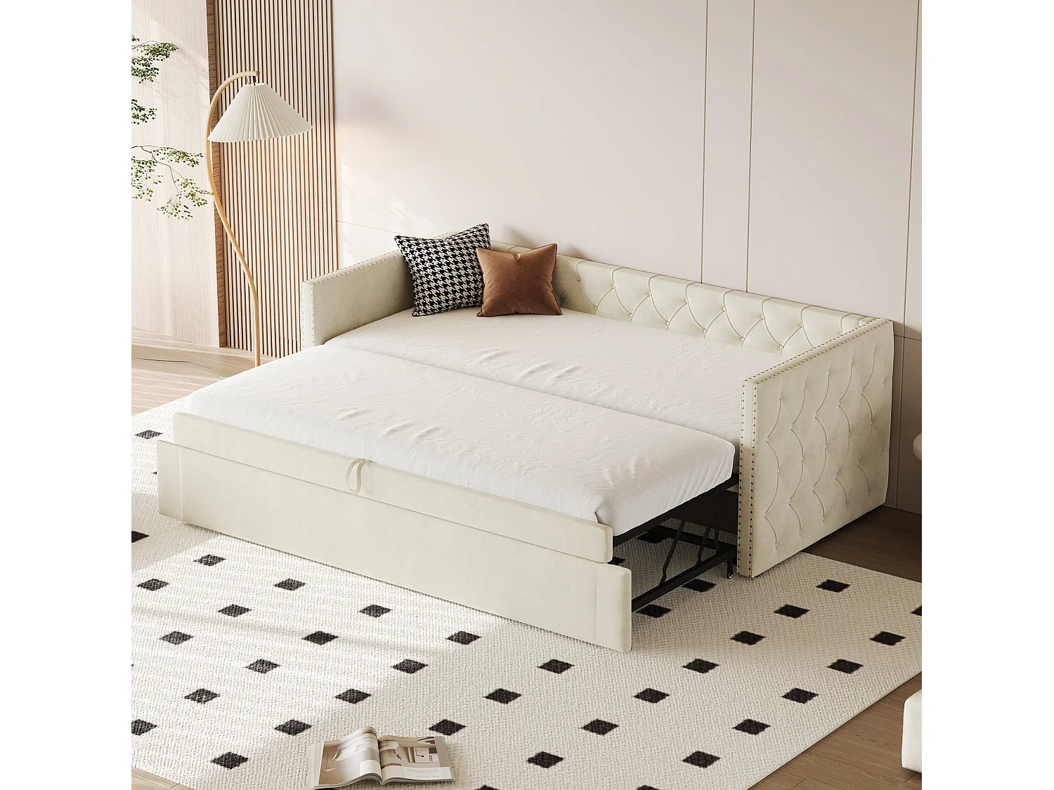 Łóżko dzienne 90x200 cm - Łóżko dziecięce z wysuwanym łóżkiem i stelażem - beżowy aksamit - materac nie jest wliczony w cenę 4824363 - obrazek 1