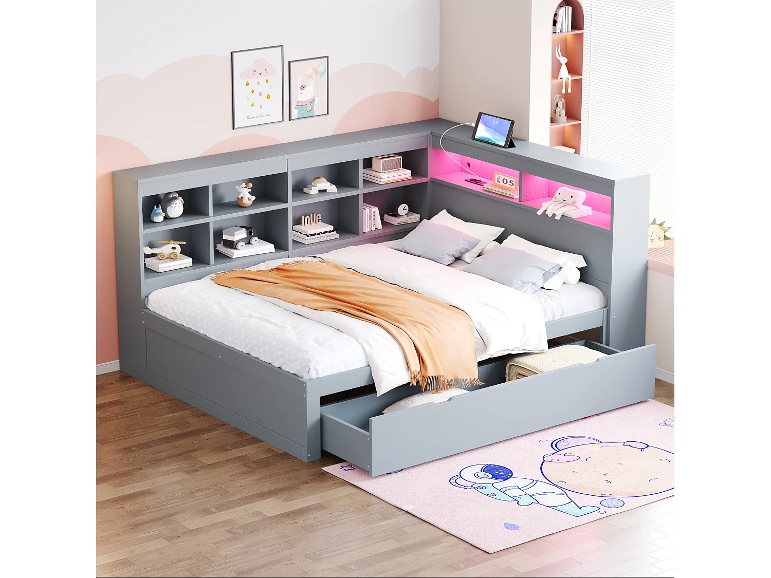 Łóżko dla dorosłych 140 x 200 cm – z zagłówkiem ze schowkiem, szufladami i półkami – szare 4824379